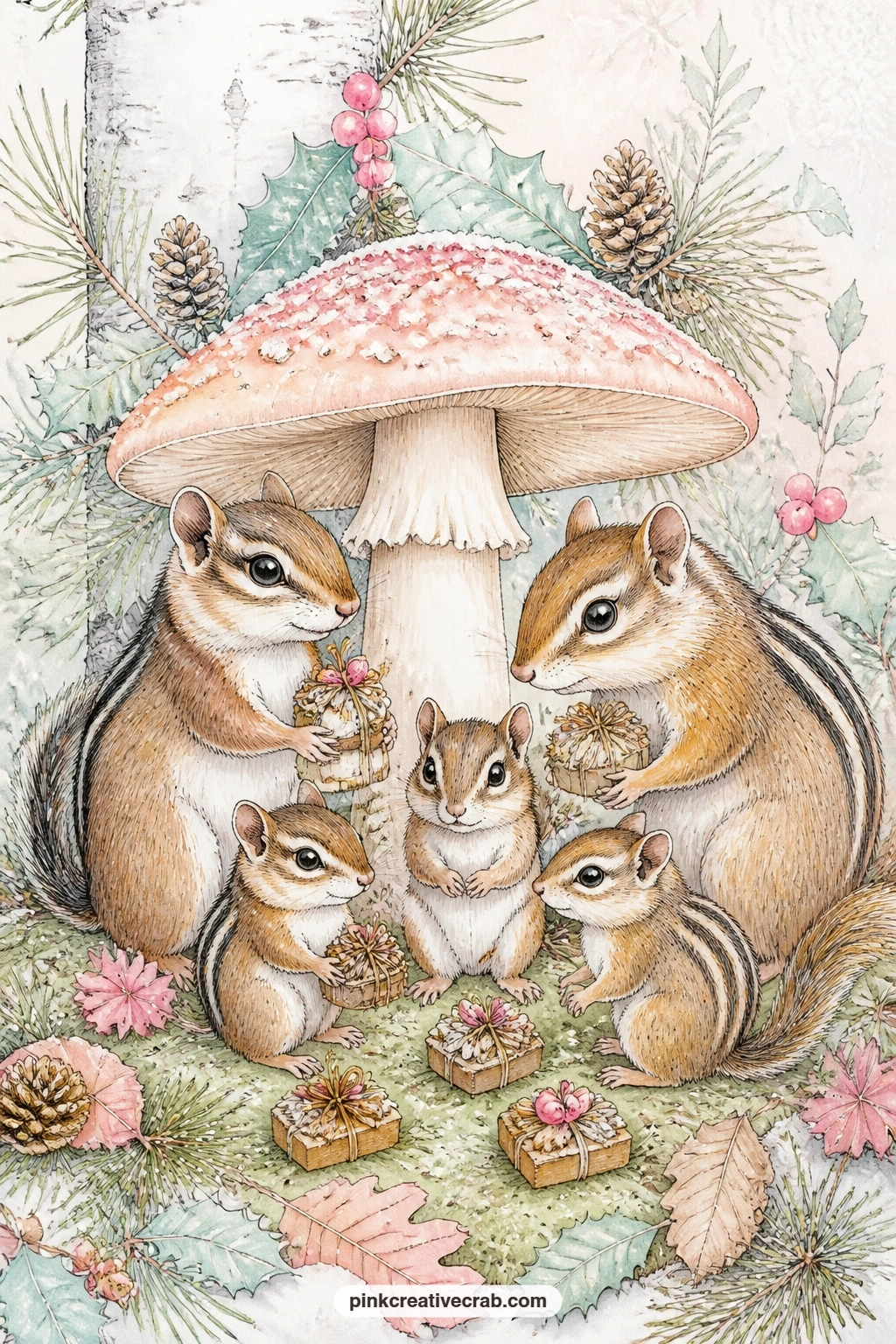Chipmunk Family At Toadstool printable page — What is the smallest gift you have ever loved, ask that question beside this gathering of chipmunks and their
