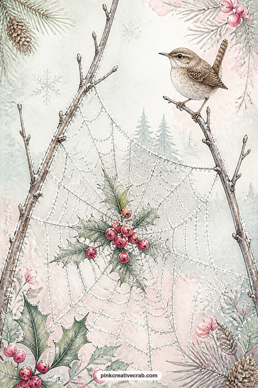 Frosted Web With Wren printable page — Closing out the scene pages, a frosted spiderweb stretches between two twigs beside a wren, with holly berries caught in