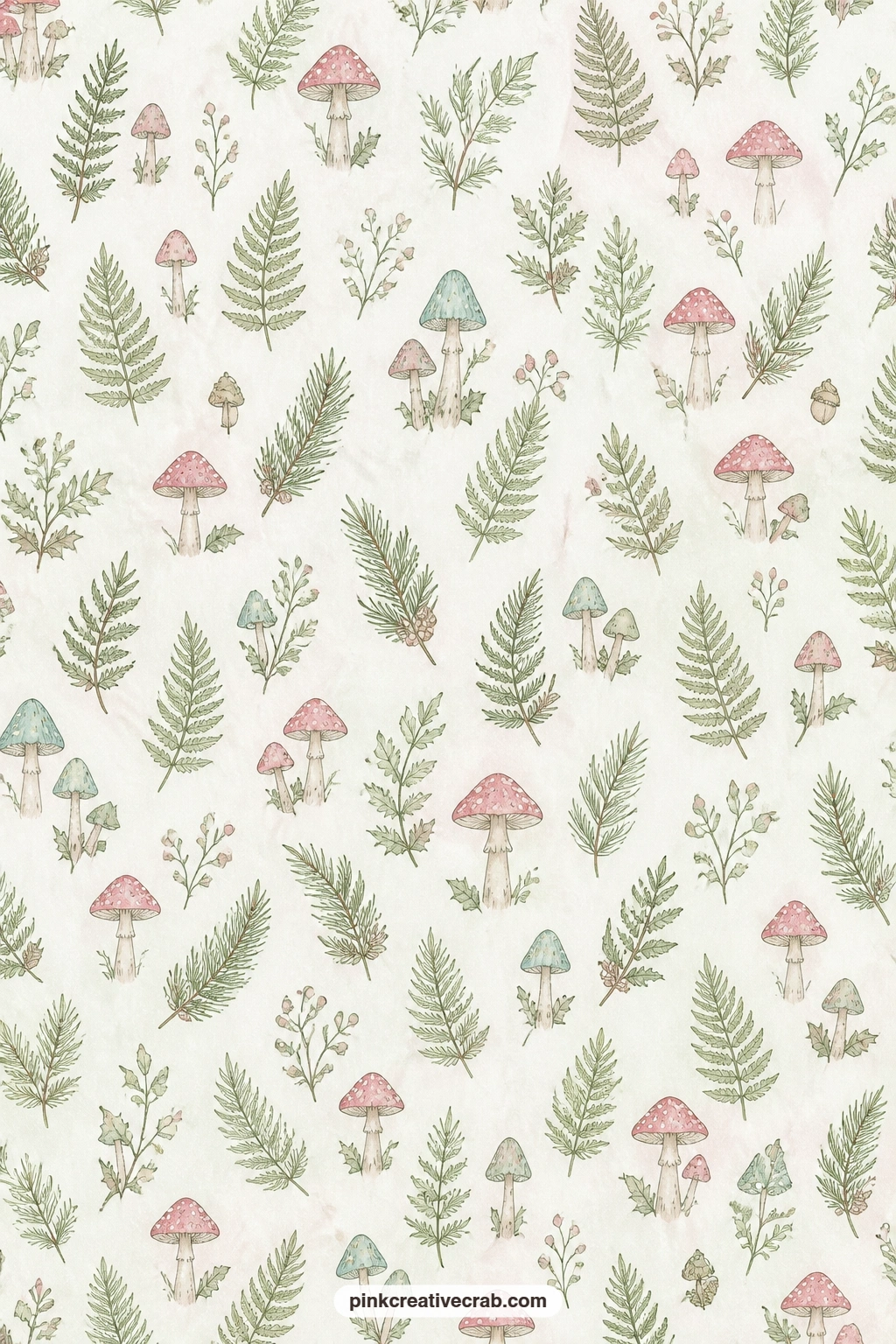 Mushroom And Fern Sprig Pattern printable page — Use this one under a pressed fern, as the lining for a small envelope of acorn caps, or as the final cover