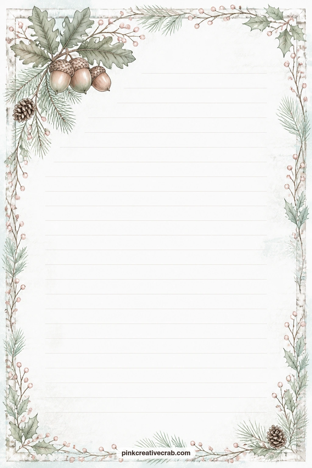 Acorn And Oak Leaf Corner Lined Page printable page — Use the open lines here for a menu of the woodland treats you plan to bake, a short note tucked into a