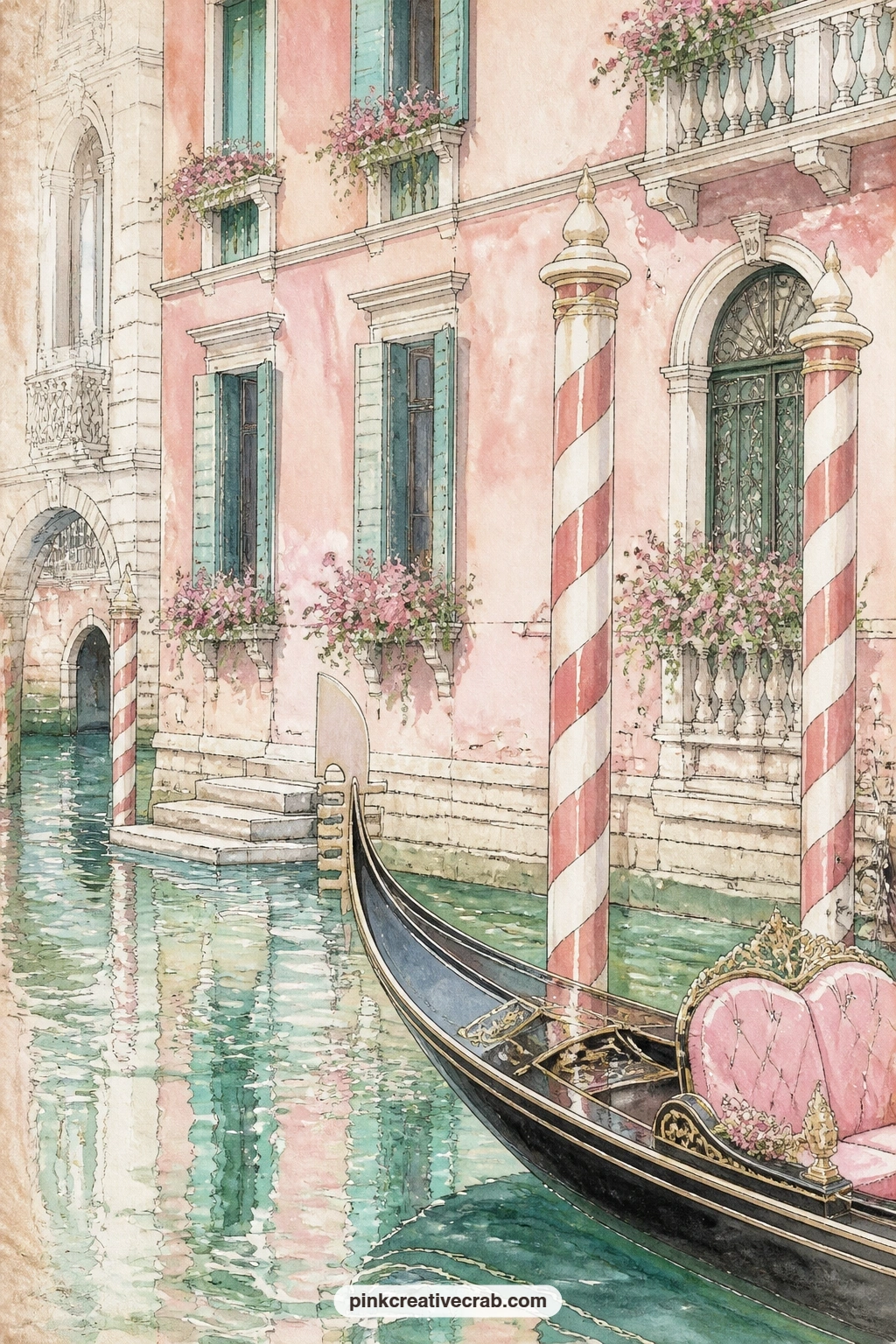 Gondola At The Striped Poles printable page — Give this one a short caption below the flower boxes, something like the name of the fondamenta or the hour the