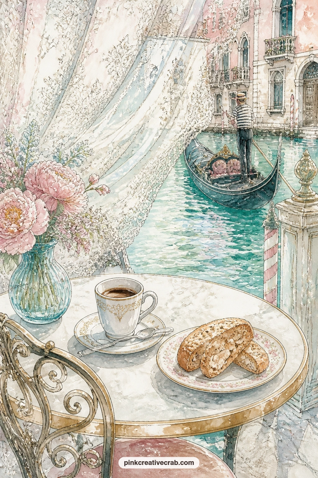 Canal Edge Cafe Table printable page — Tuck a real café receipt or a hand-written biscotti recipe under the lace curtain corner here, so the page doubles as a