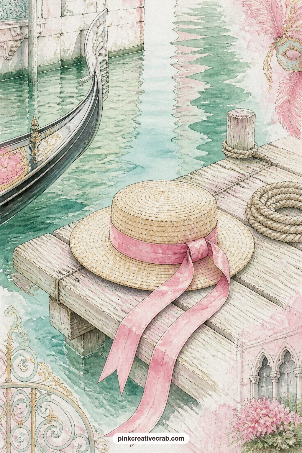 Gondolier's Hat On The Dock printable page — The usual mistake with a dock page like this is leaving the wood looking flat and new. Venice junk journal