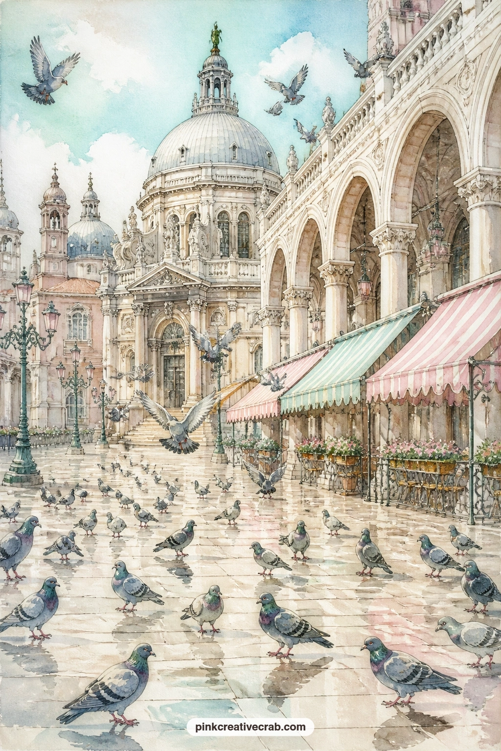 Pigeons On The Piazza printable page — Best kept for a page about arriving in the city, since the domed basilica and the open arches behind the pigeons give a