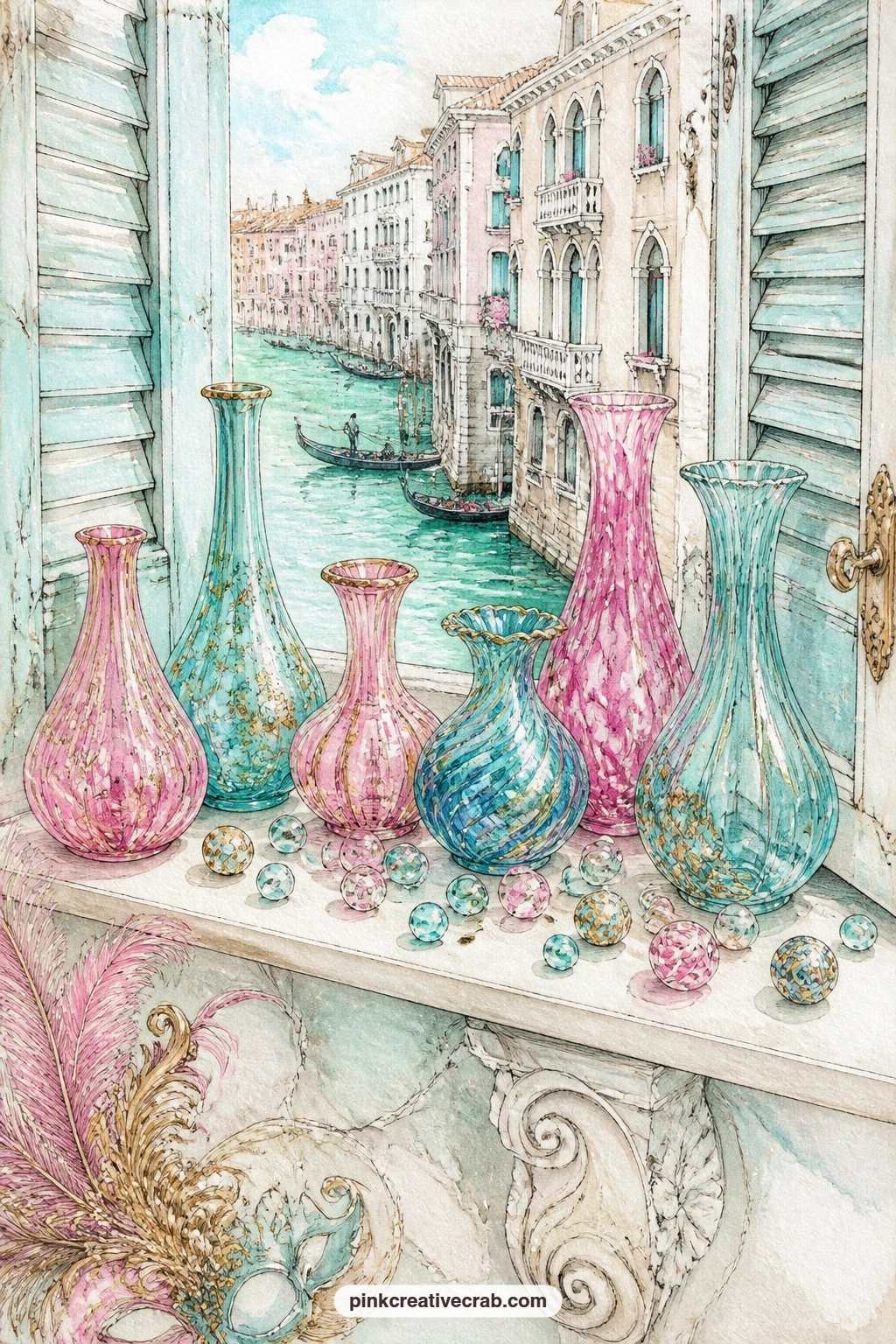 Murano Glass On The Windowsill printable page — If you like a bit of sparkle in a journal, glue a few tiny glass beads onto the painted vases once the page is