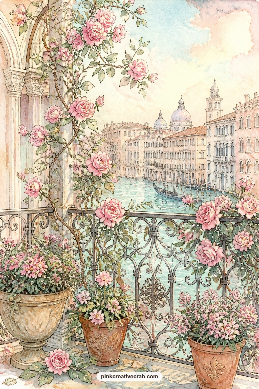 Balcony With Roses And Canal View printable page — Place this balcony page opposite the Gondola at the Striped Poles page from earlier in the set, so one