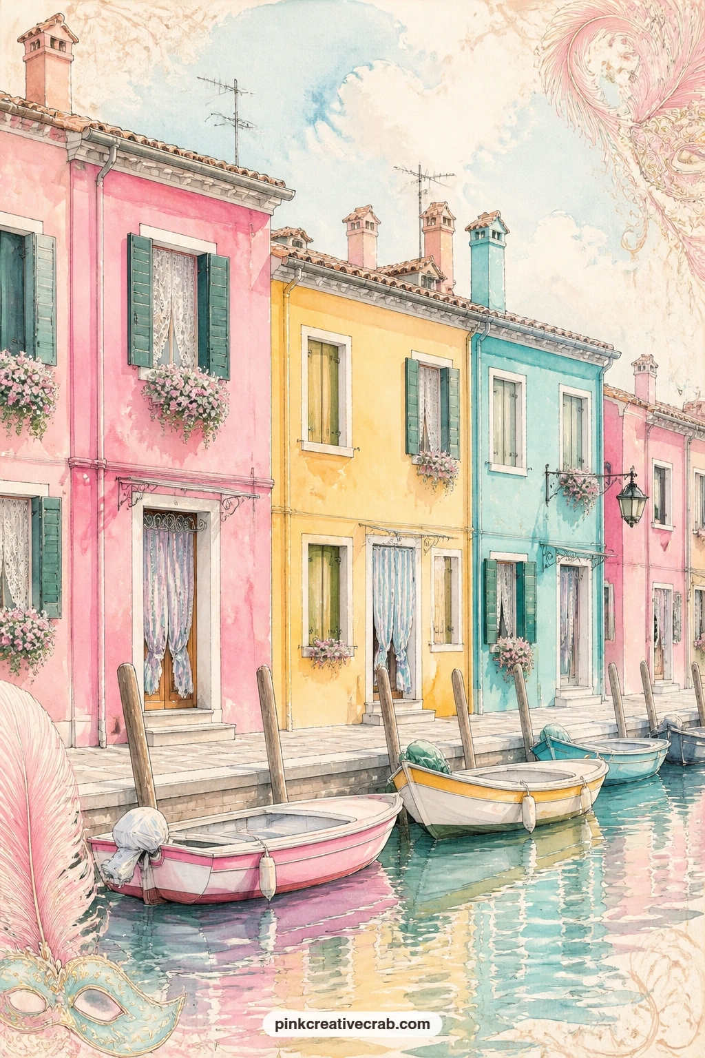 Burano Houses In Candy Colors printable page — This page suits a reader who loves colour more than any other in the set, since the candy-bright houses give her
