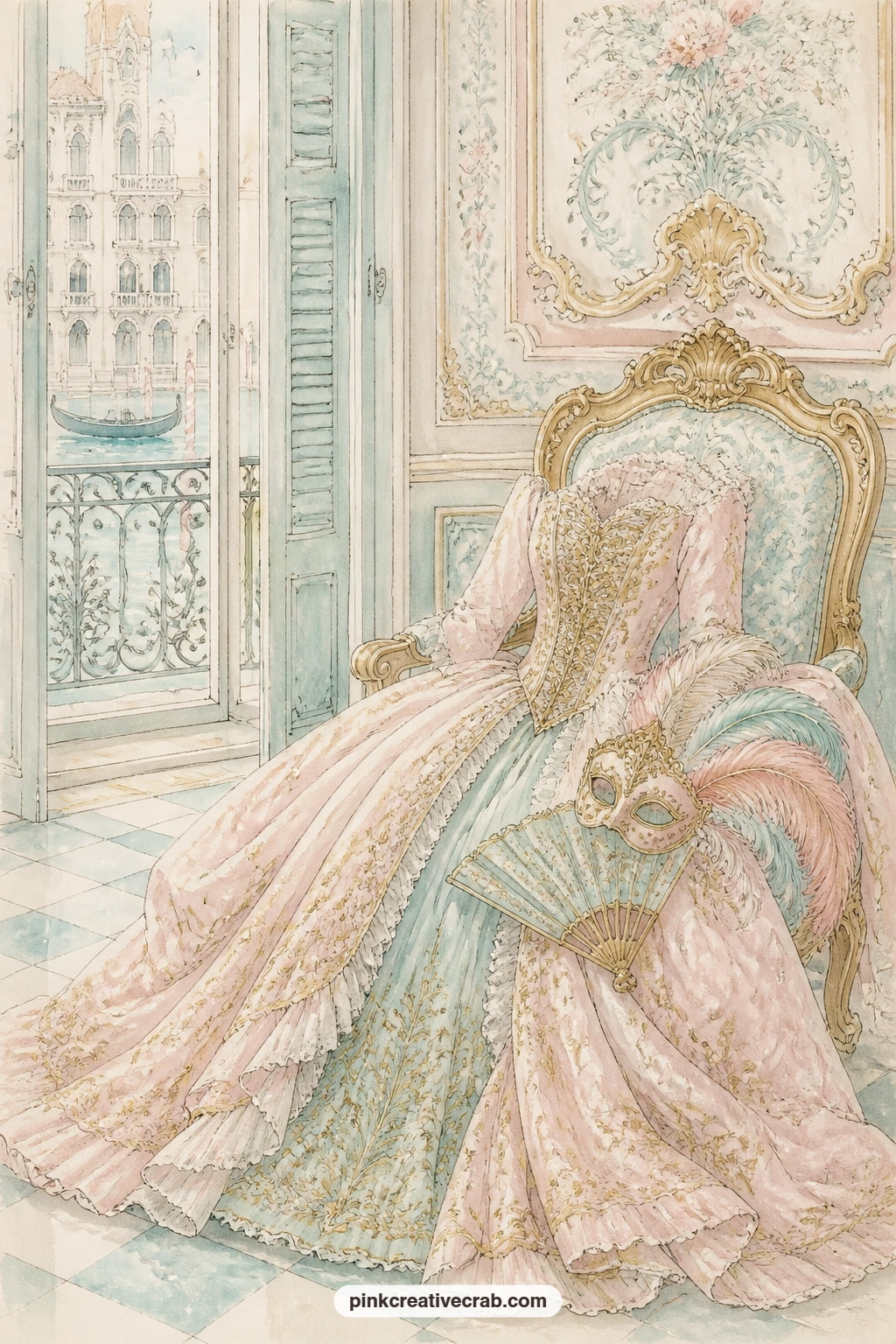 Masquerade Gown On A Gilded Chair printable page — Drape a scrap of real lace or ribbon over the top edge of this page once it is glued in, letting it trail