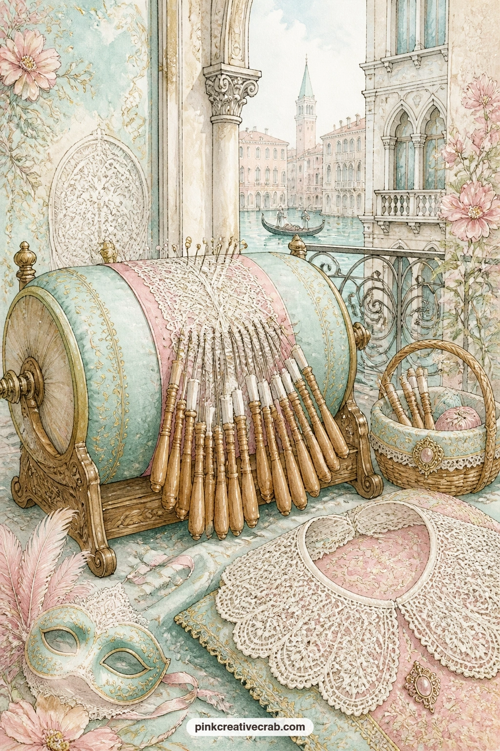 Lace Making Pillow printable page — Venetian lace making pillow, with wooden bobbins strung across it and a finished lace collar laid beside the pillow, a work