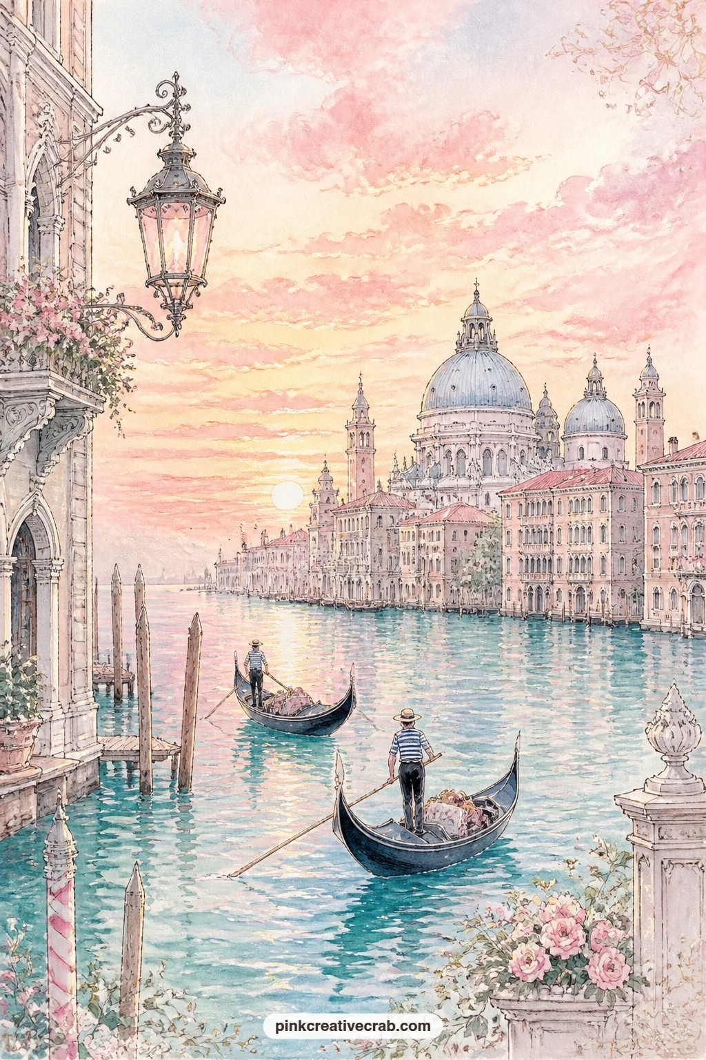 Grand Canal At Sunset printable page — Keep this sunset page for the end of a spread or the end of the whole journal, since the domes fading into pink and gold