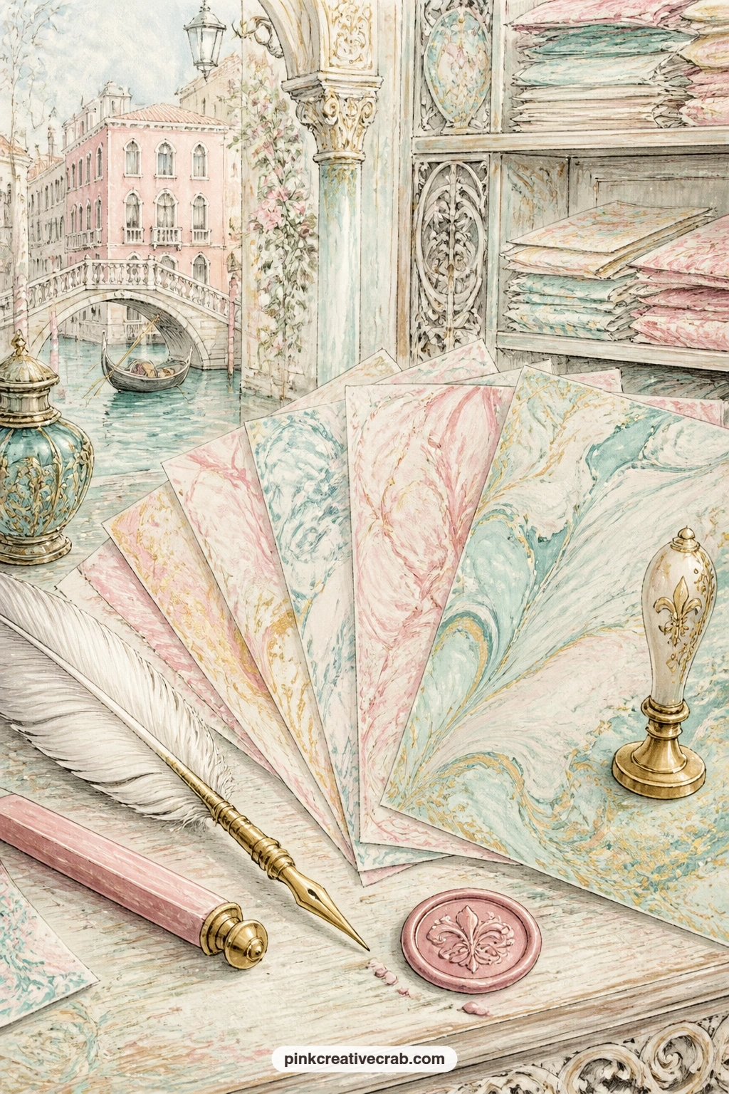 Marbled Paper And Wax Seal printable page — Stationery lovers in a gift journal will reach for this page first, since it gives them a quill, a wax seal and