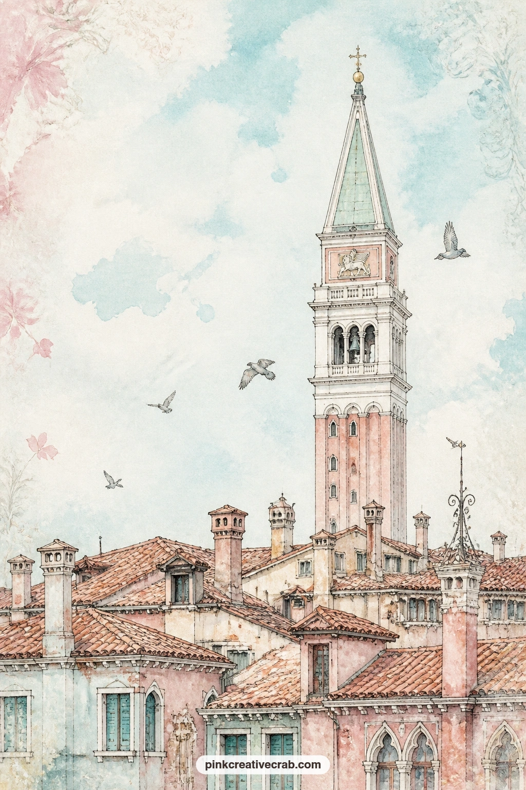 Bell Tower Over Rooftops printable page — Leave a line or two of open sky above the bell tower free of ink, since that quiet painted space gives your eye
