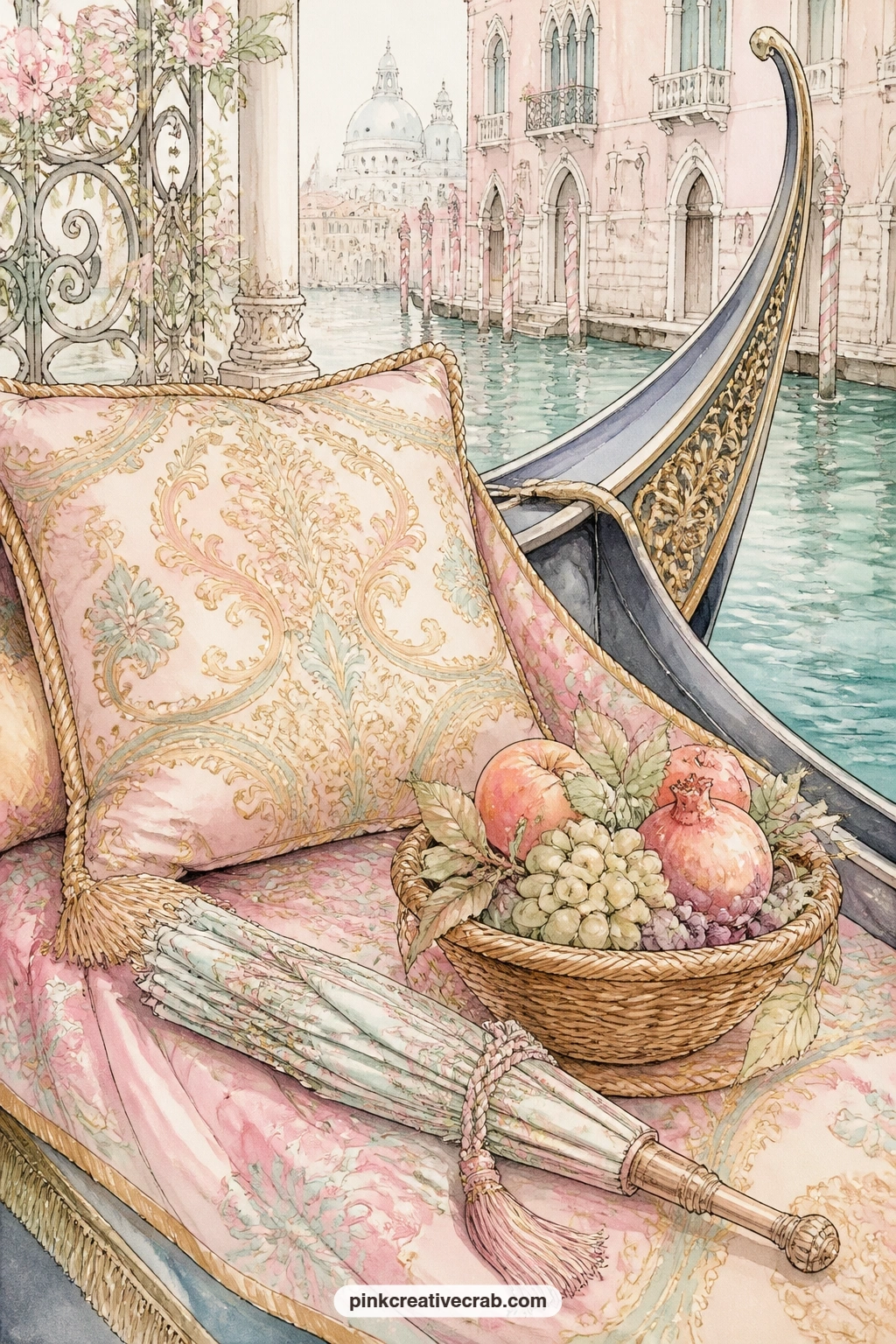 Gondola Cushion With Fruit printable page — Finish this spread with a question for the page: what would you pack into a basket like this one for a slow