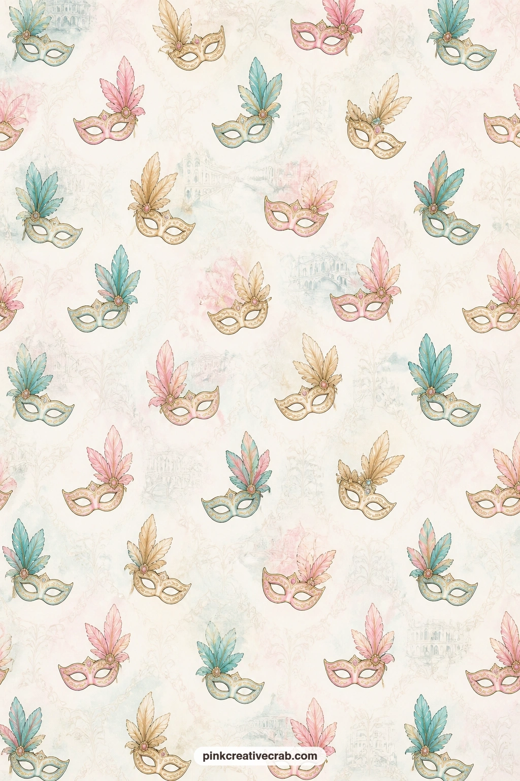 Carnival Mask Toss Pattern printable page — This scattered mask pattern works well behind the carnival pages earlier in the set, as a pocket lining, or cut