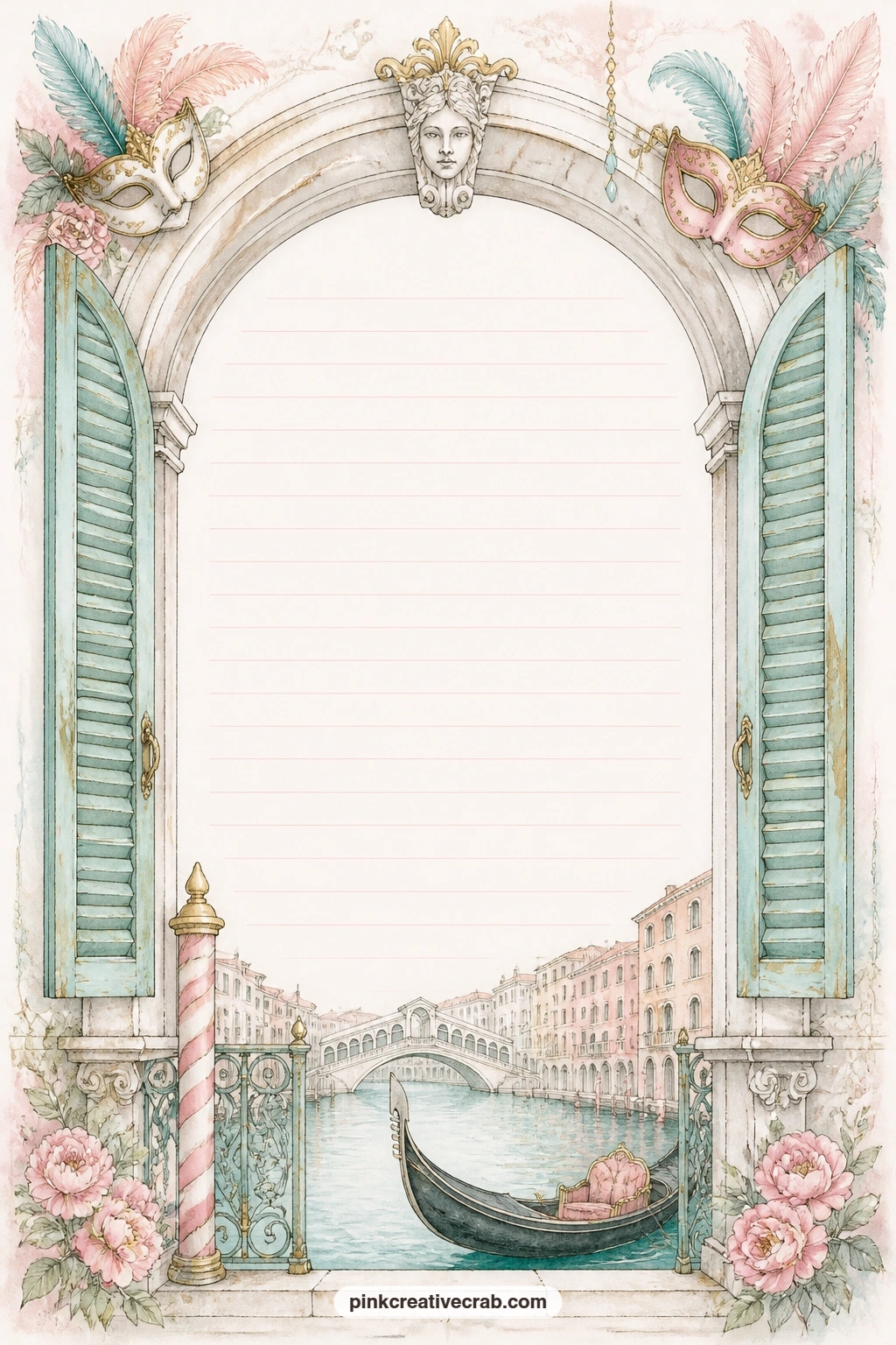 Venetian Arch Window Lined Page printable page — Use the ruled lines here for a packing list before the trip, a short letter to your future self about the