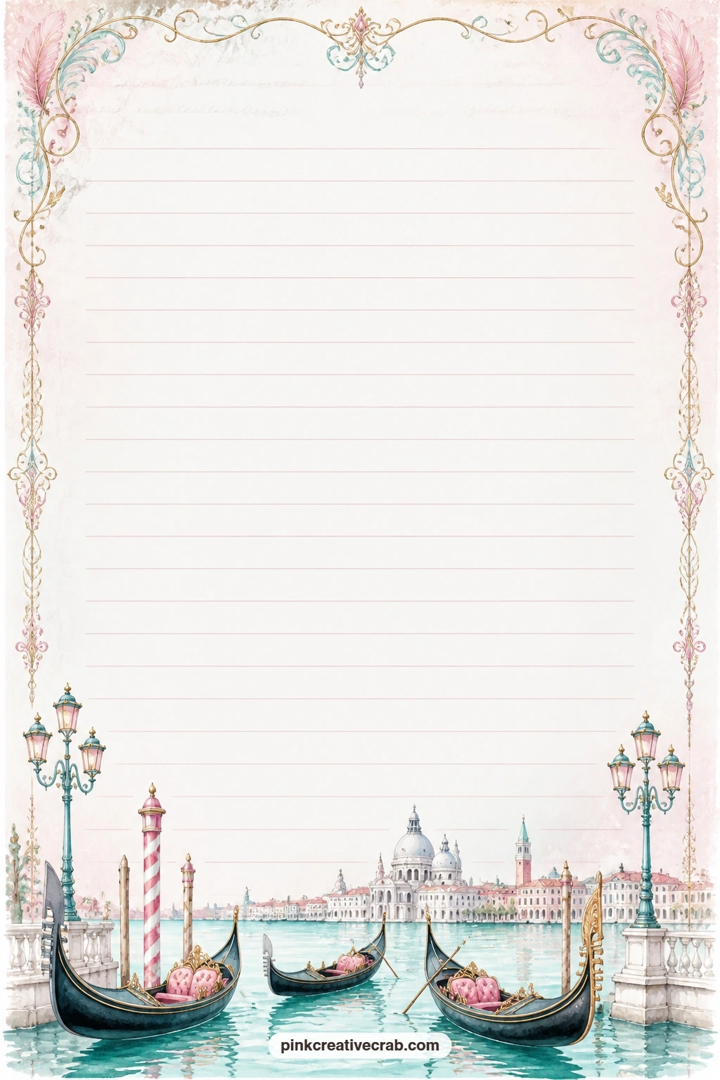 Gondola Canal Border Lined Page printable page — Write a short note to whoever receives this as a gift journal, a list of canals or bridges to look for, or a