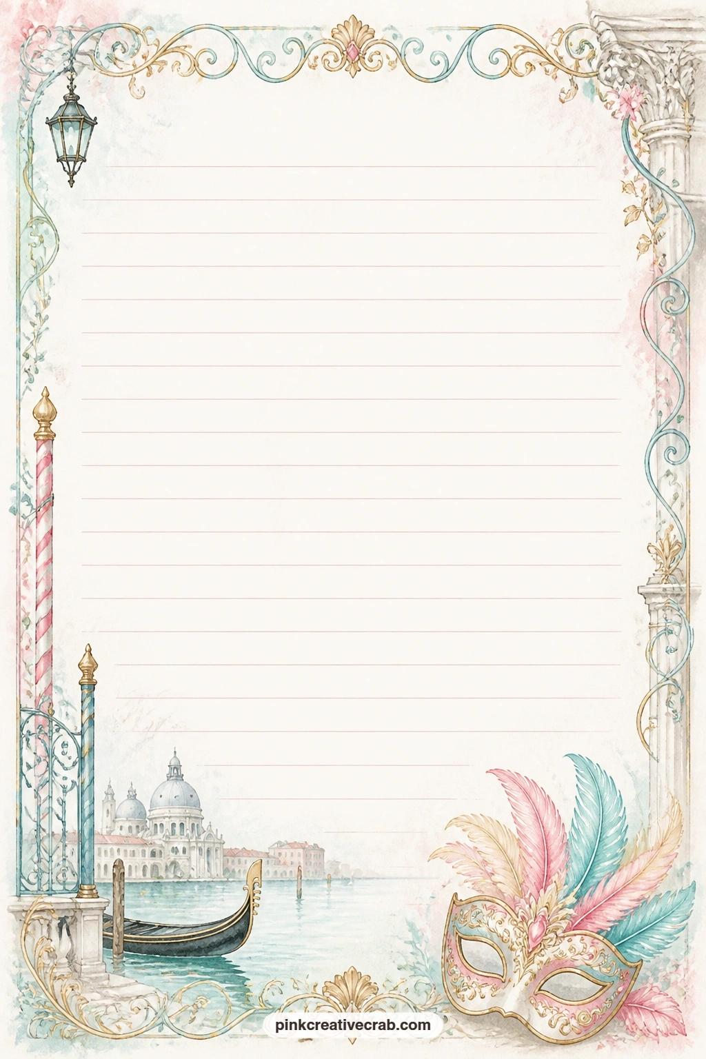 Carnival Mask Corner Lined Page printable page — Good for a costume list ahead of a masquerade night, a few lines about a favourite mask seen in a shop window