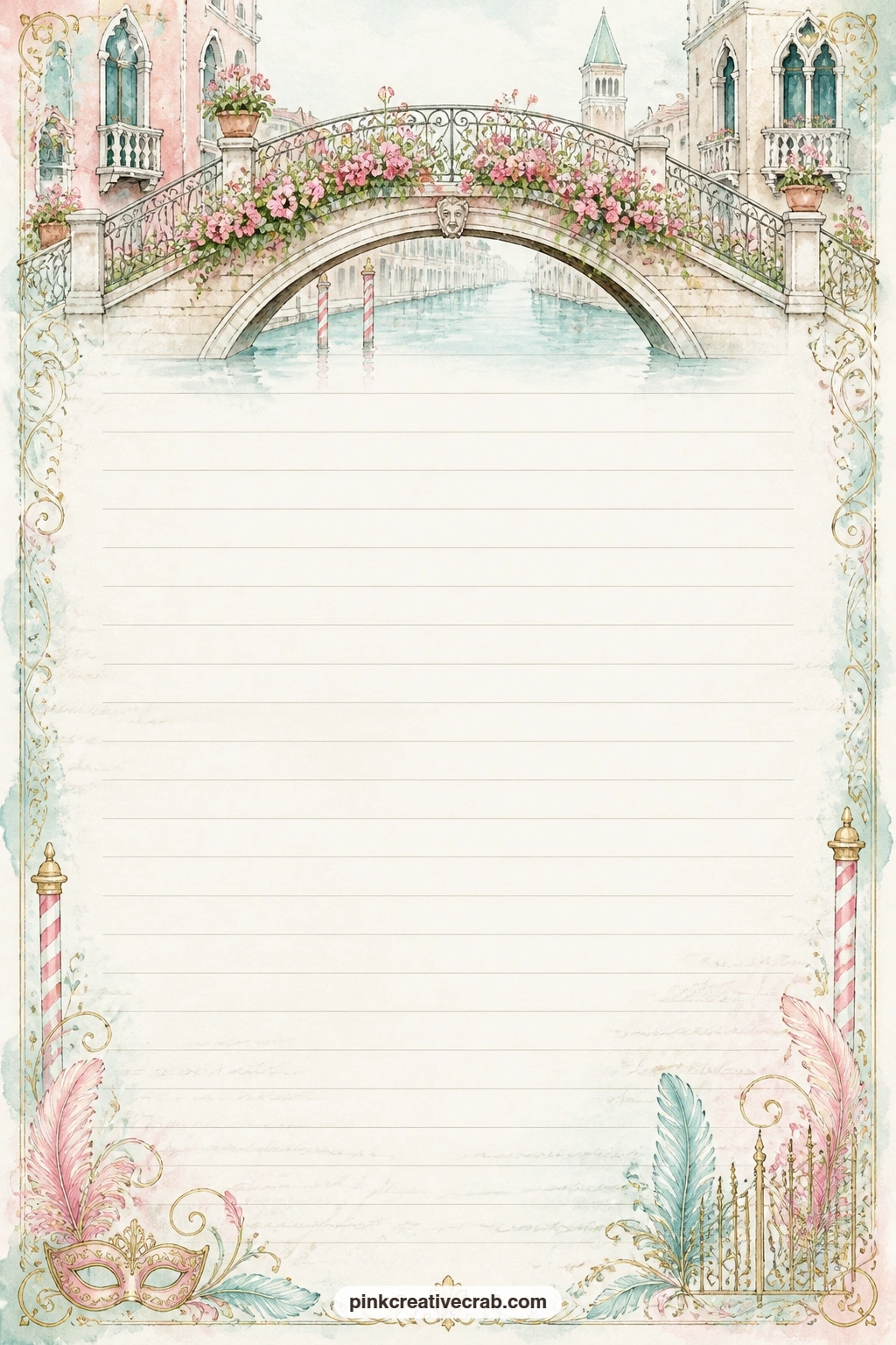 Venice Bridge Header Lined Page printable page — Reserve this one for a menu copied from a favourite café, a short poem about the bridges, or a quiet entry