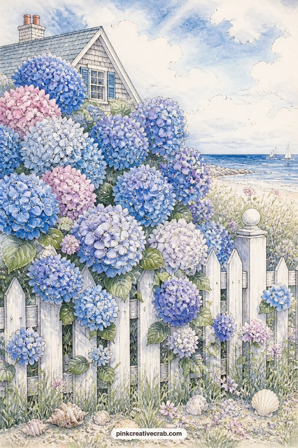 Hydrangeas Over A Picket Fence printable page — Blue hydrangeas spill over a white picket fence outside a seaside cottage, with the sea and a scatter of shells