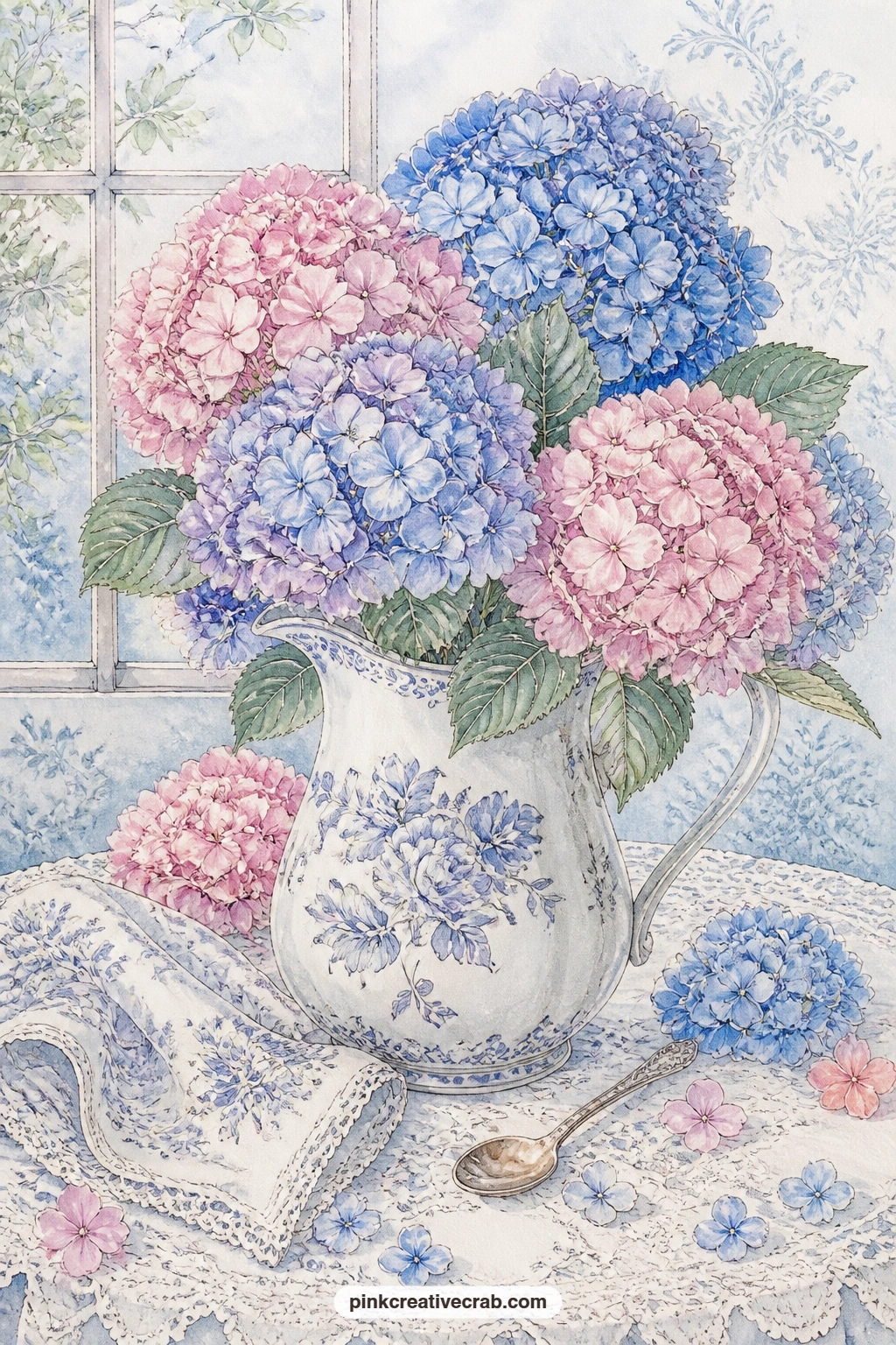 Pitcher Of Pink And Blue Blooms printable page — Try pairing this one with the blue hydrangea and striped ticking paper later in the set, tucked behind it as a