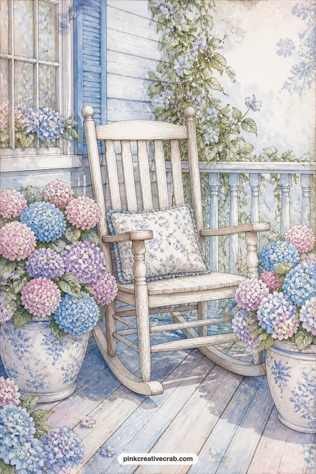 Porch Rocking Chair With Hydrangea Pots printable page — The usual mistake on a porch page like this is cramming in too much furniture, which flattens the