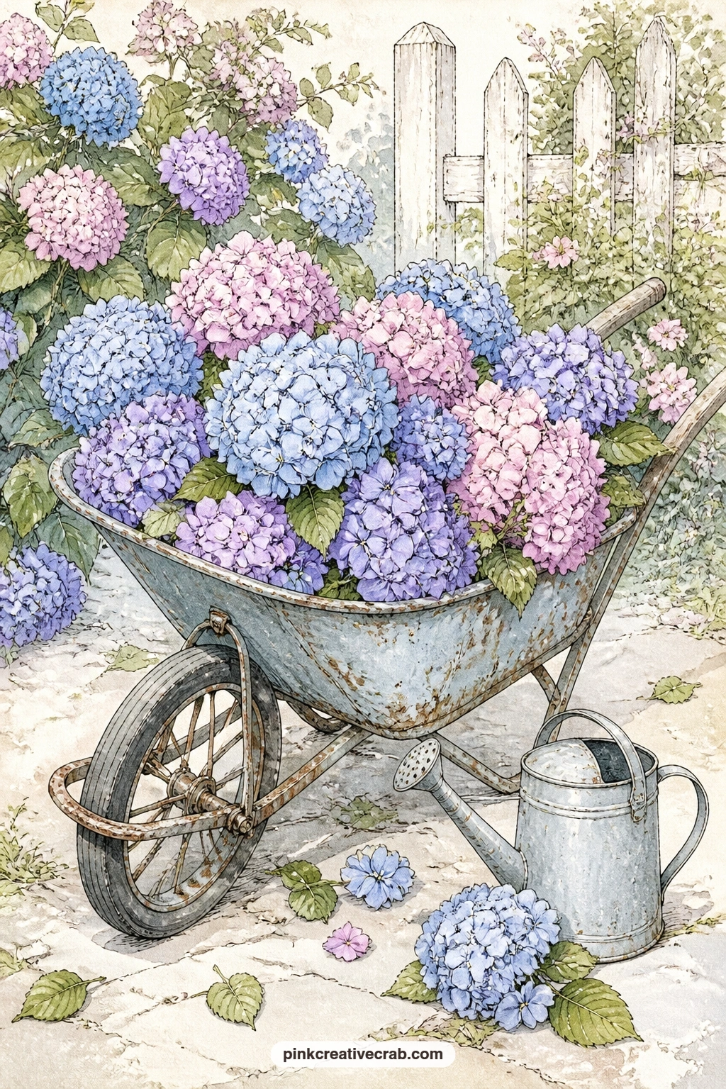 Wheelbarrow Of Cut Hydrangea Heads printable page — A rusty wheelbarrow sits piled with freshly cut hydrangea heads in a sunny garden corner, with a watering