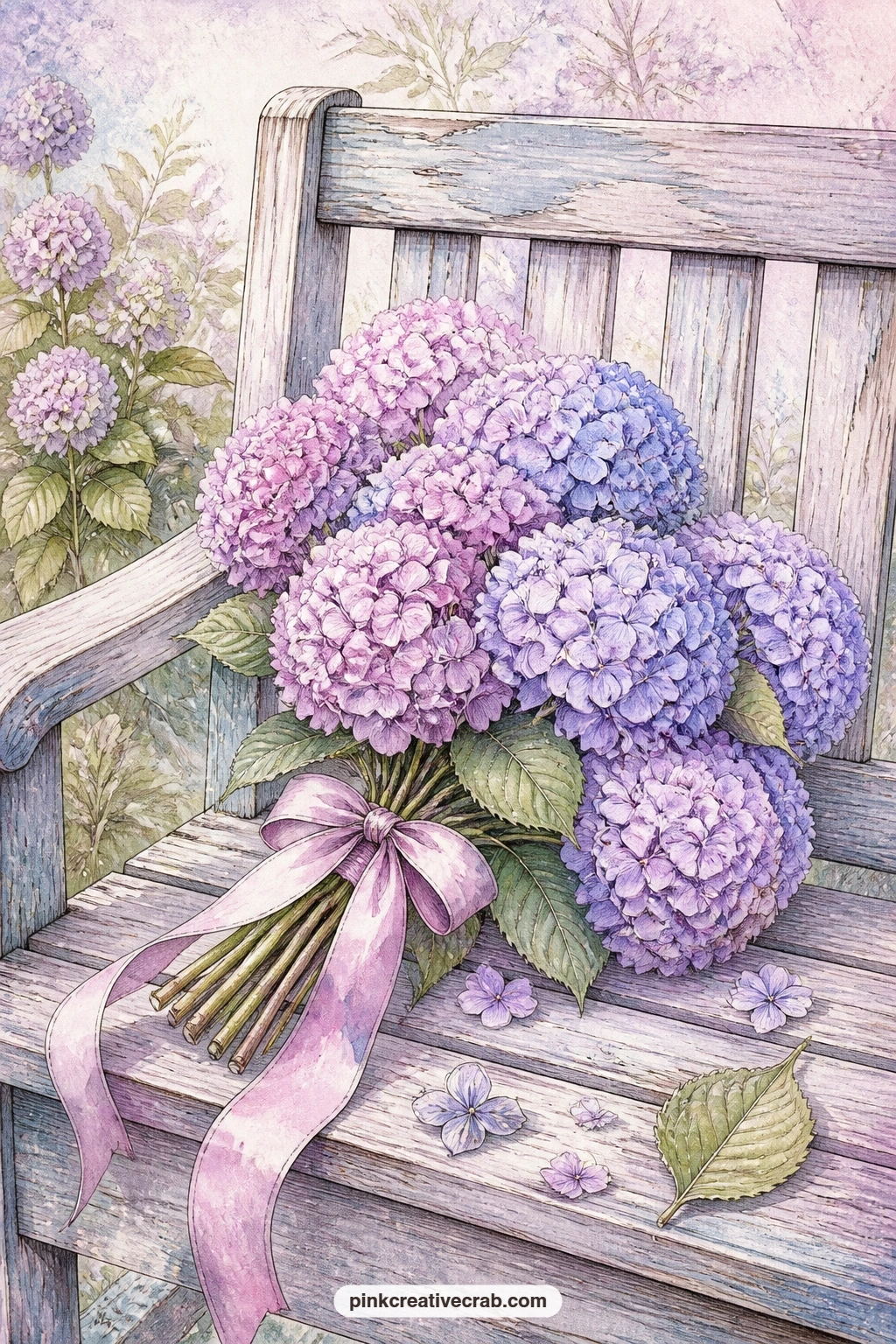 Lilac Bouquet On A Wooden Bench printable page — This is a gentle page for anyone newer to journaling or working through a quiet season, since the bench and