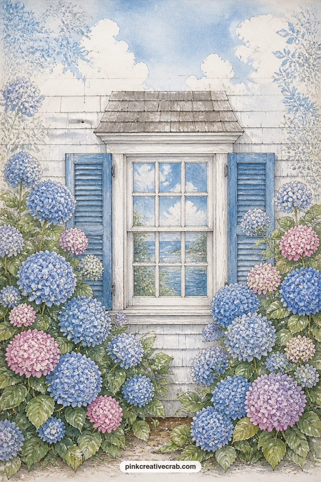 Cottage Window Framed In Blue printable page — A shingled cottage window sits framed on both sides by tall blue hydrangea bushes, their blooms nearly reaching