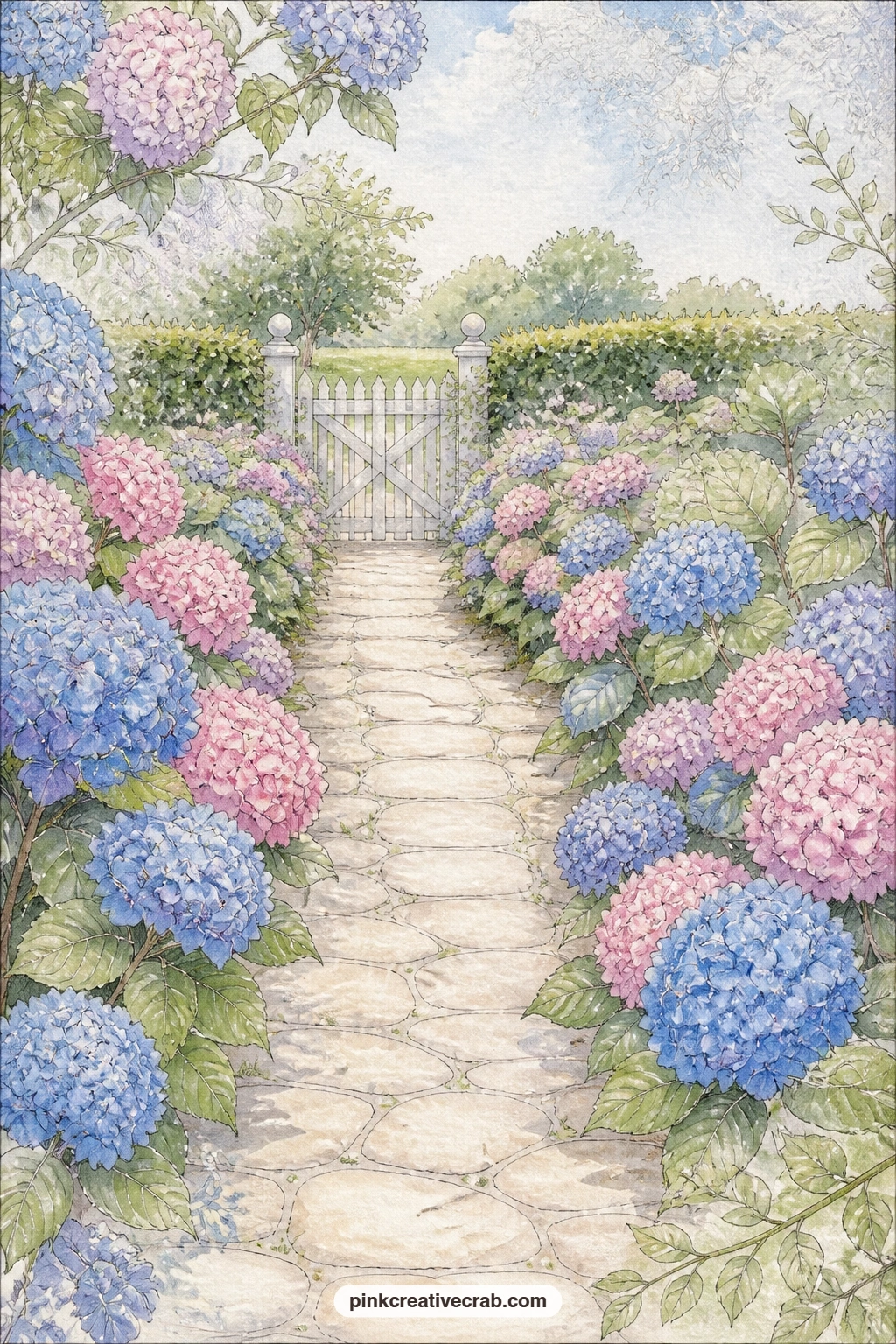 Garden Path To A White Gate printable page — Pair this path with the pink and lilac hydrangea clusters pattern later in the set as a facing page, so the path