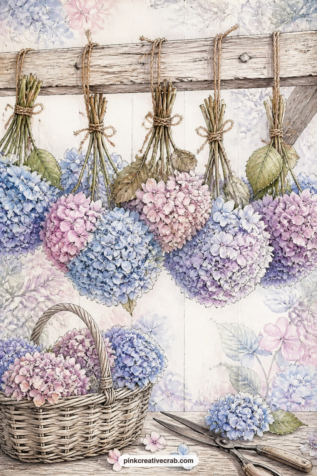 Dried Hydrangea Heads On A Beam printable page — Several dried hydrangea heads hang upside down in a row from a rustic wooden beam, their papery petals faded