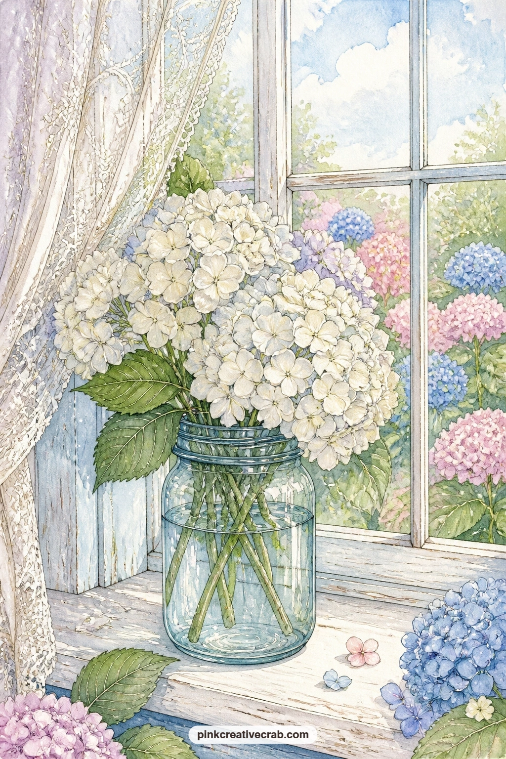 Mason Jar On A Farmhouse Sill printable page — The five minute version of this page skips the full lace border: just paint the jar of white hydrangeas, add a