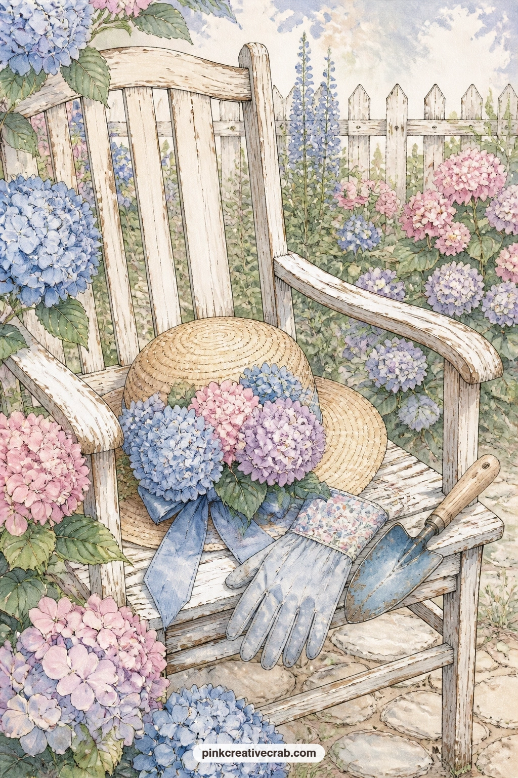 Straw Hat On A Garden Chair printable page — A straw sun hat trimmed with hydrangea blooms sits on a weathered garden chair, with a pair of gloves and a trowel