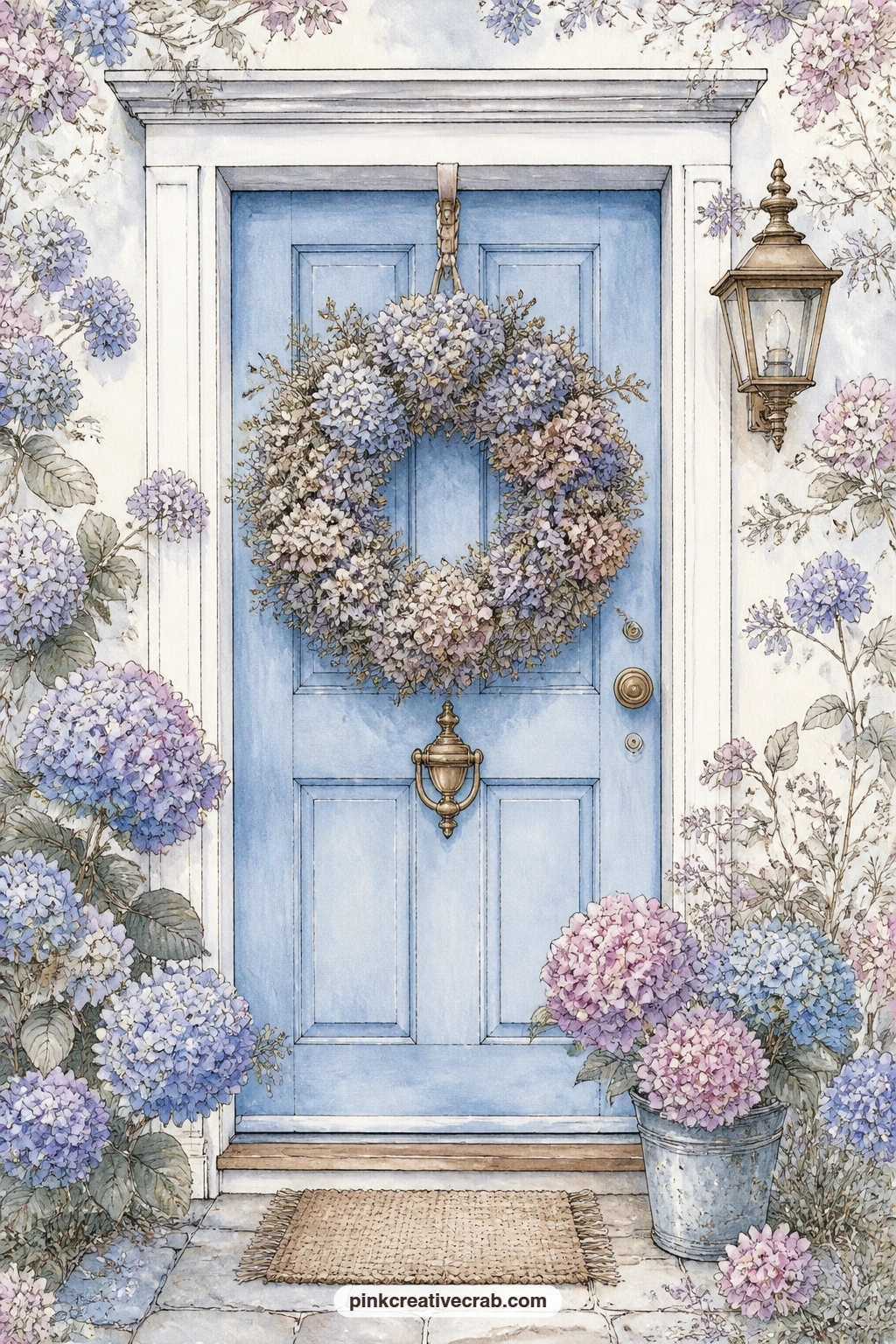 Dried Wreath On A Blue Door printable page — Glue a small paper tag or ribbon scrap onto this page before you add the wreath, so it reads like something