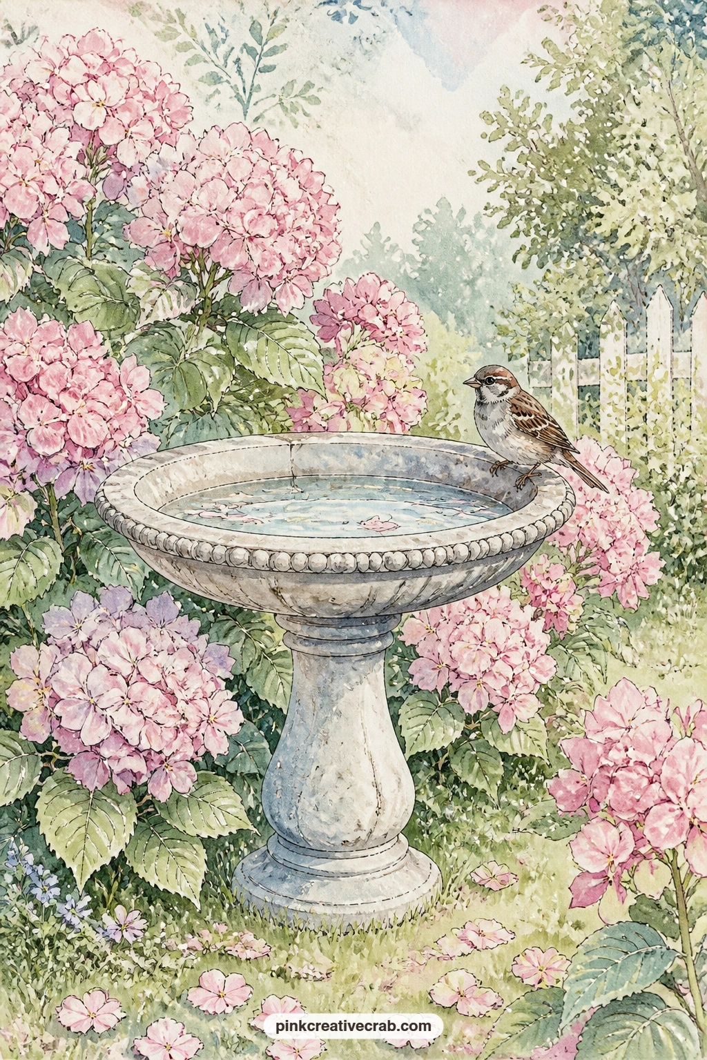 Pink Hydrangeas At The Birdbath printable page — Pink hydrangea bushes surround a stone birdbath where a sparrow perches on the rim, with a scatter of fallen