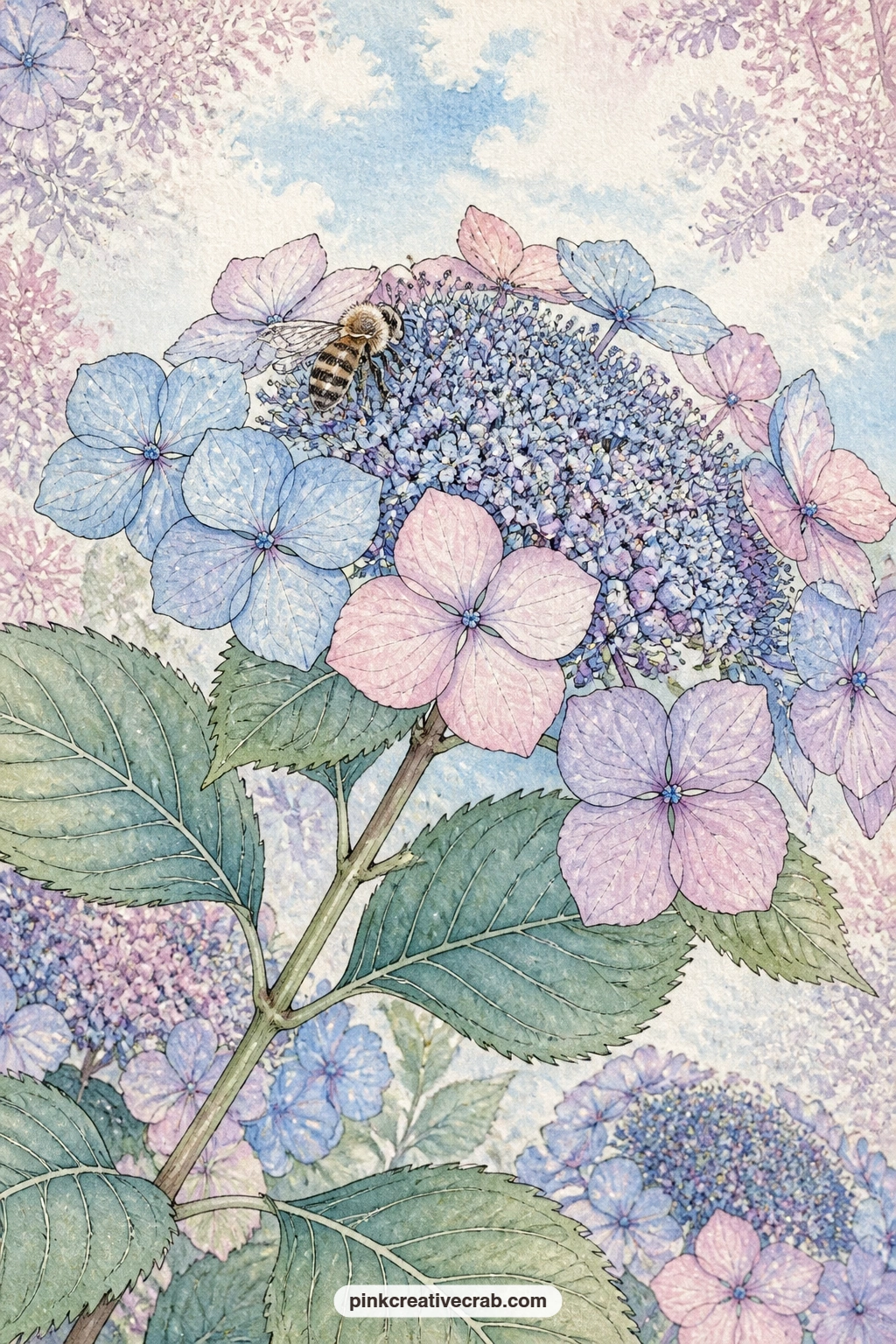 Lacecap Branch With A Bee printable page — A lacecap hydrangea branch stretches across the page with a small bee working among its tiny outer flowers and