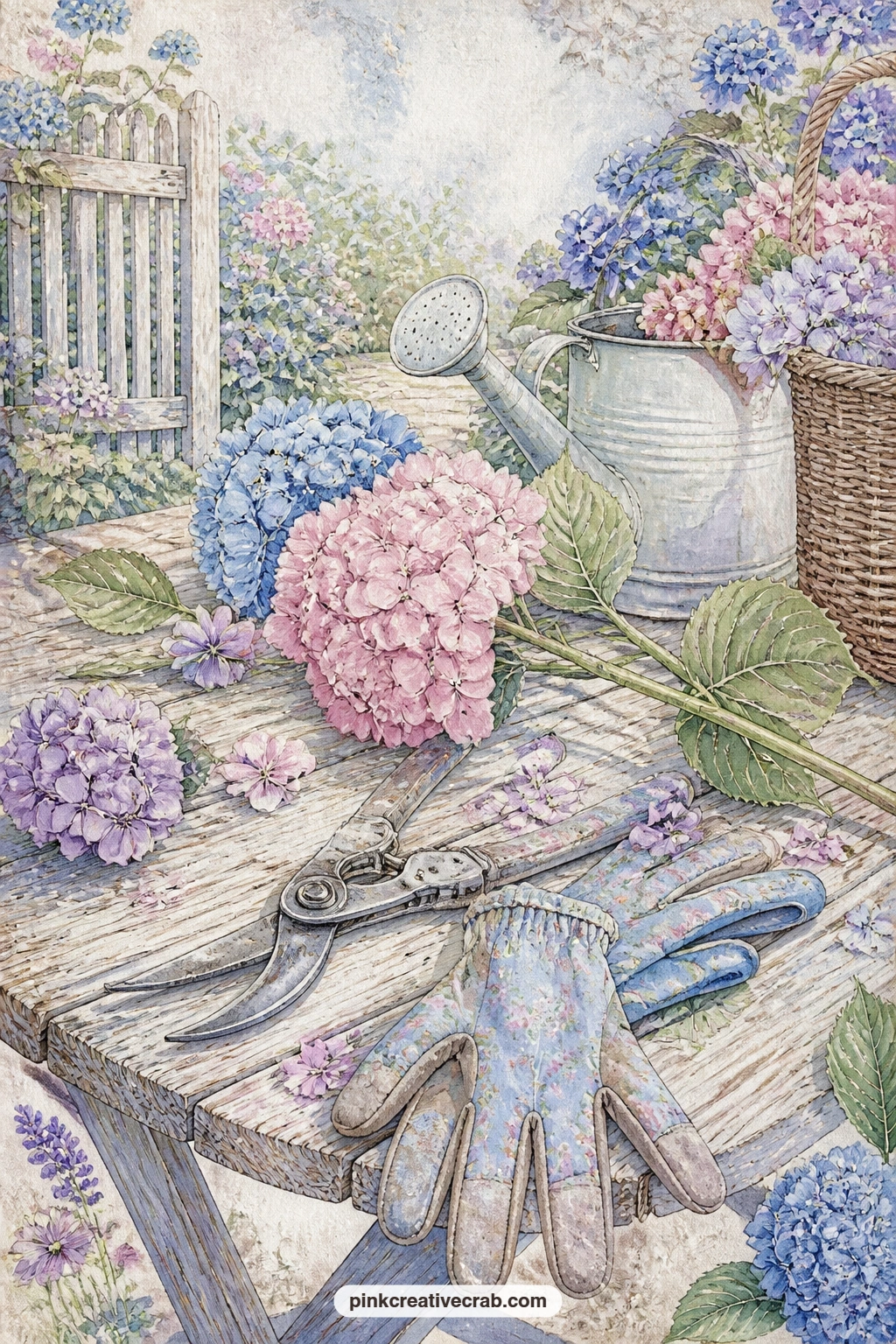 Garden Table With Shears And Gloves printable page — A worn garden table holds a pair of shears, gardening gloves and an armful of freshly cut hydrangeas