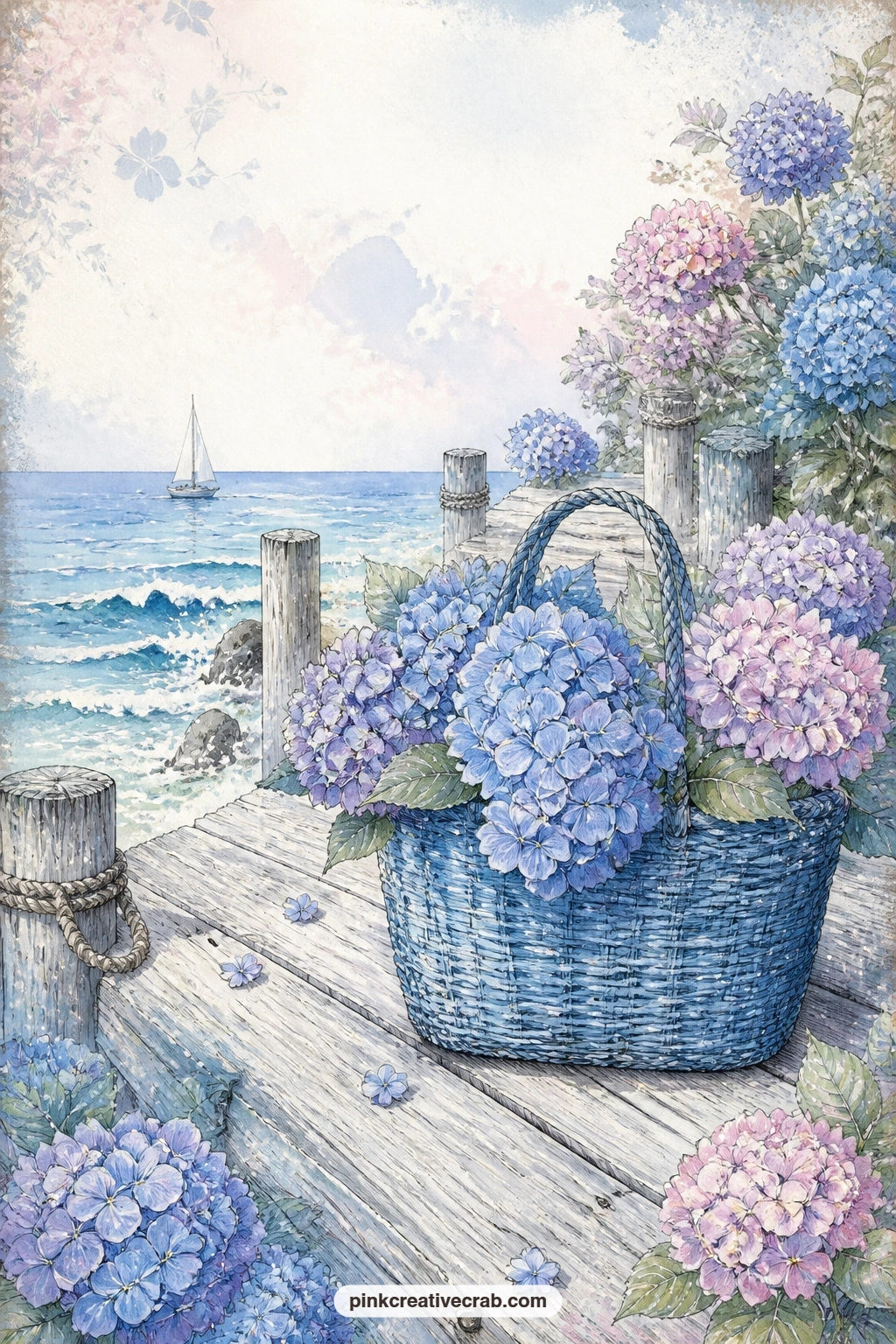 Wooden Dock With A Blue Basket printable page — If you are placing this across from a facing page, keep the dock boards running in the same direction as the