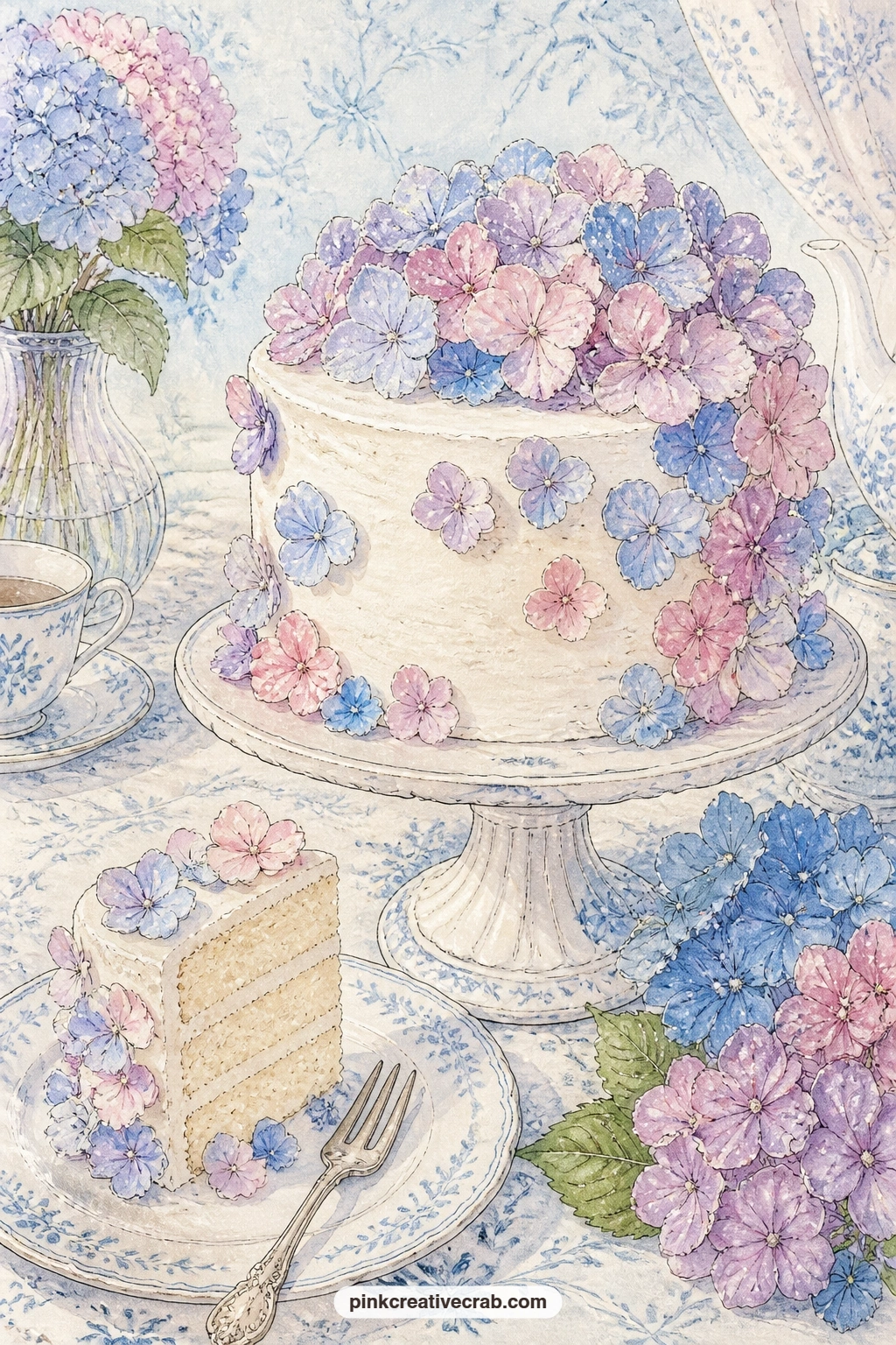 Cream Cake With Sugared Petals printable page — A cream cake on a footed stand is decorated with sugared hydrangea petals, with a cake slice and a small fork
