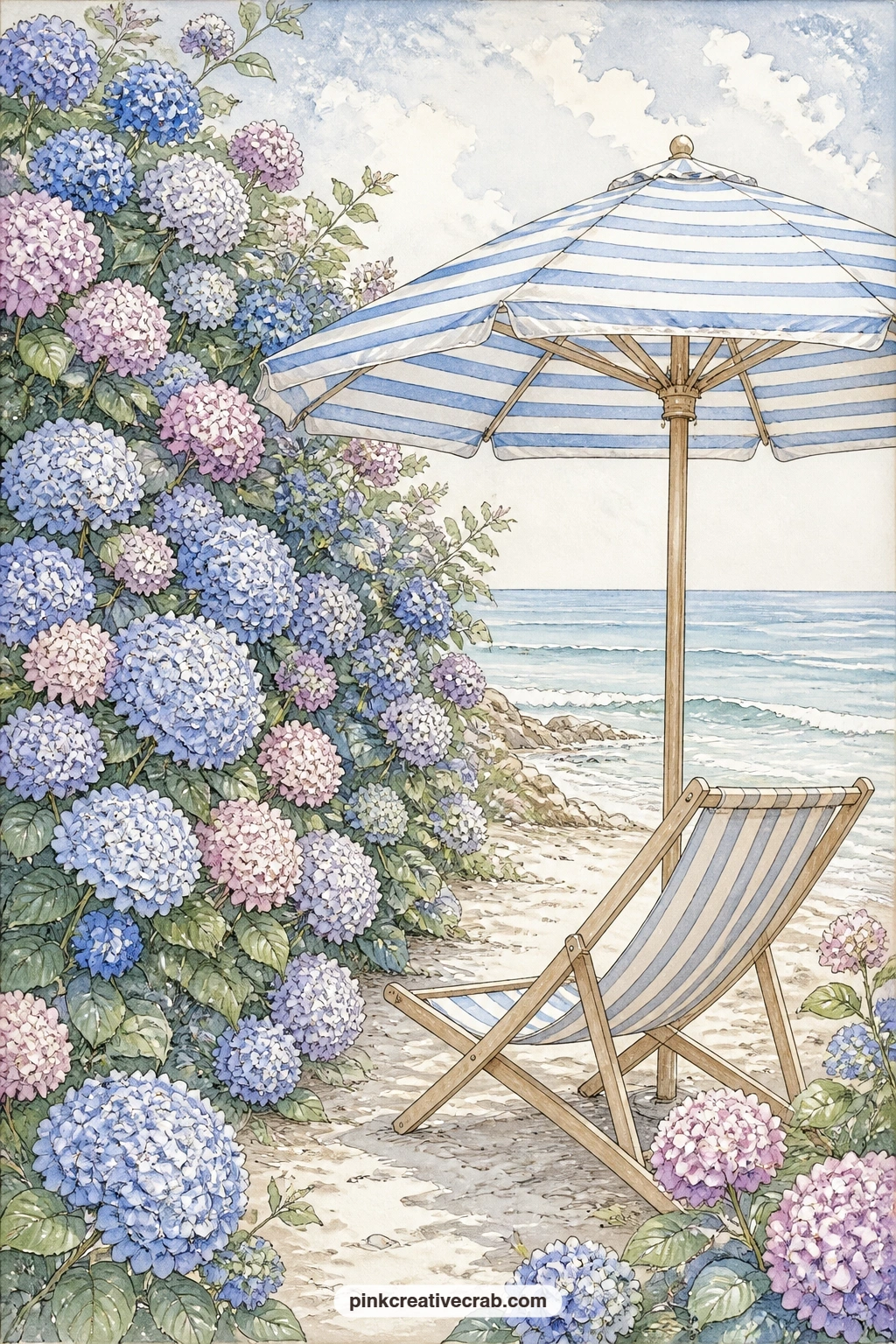 Hedge Beside A Striped Umbrella printable page — A tall hydrangea hedge grows beside a striped beach umbrella and deck chair, with a patch of sand and sea