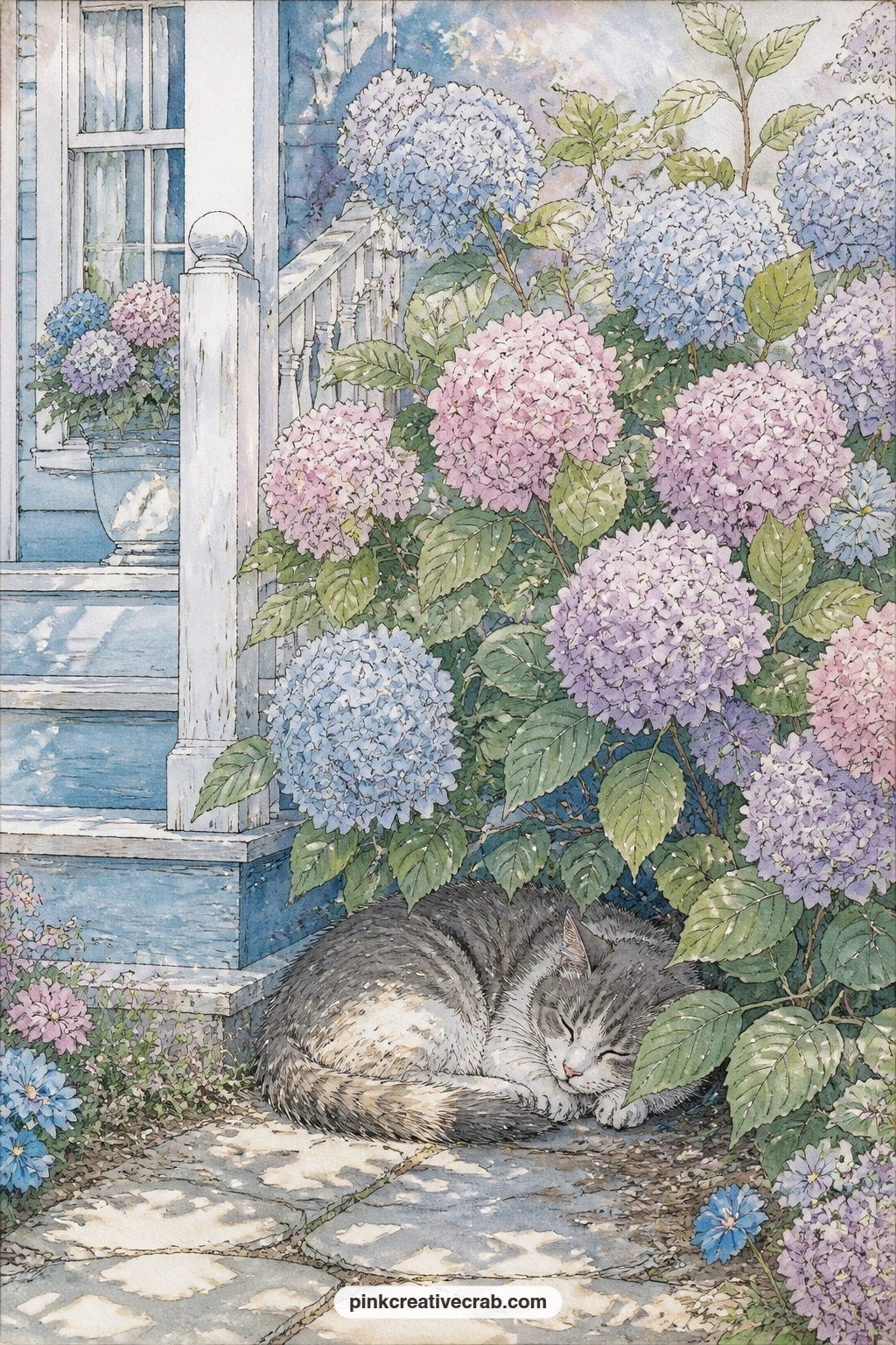 Sleepy Cat Under The Porch Bush printable page — A cat naps curled beneath a blooming hydrangea bush near the porch steps, soft shade from the leaves falling