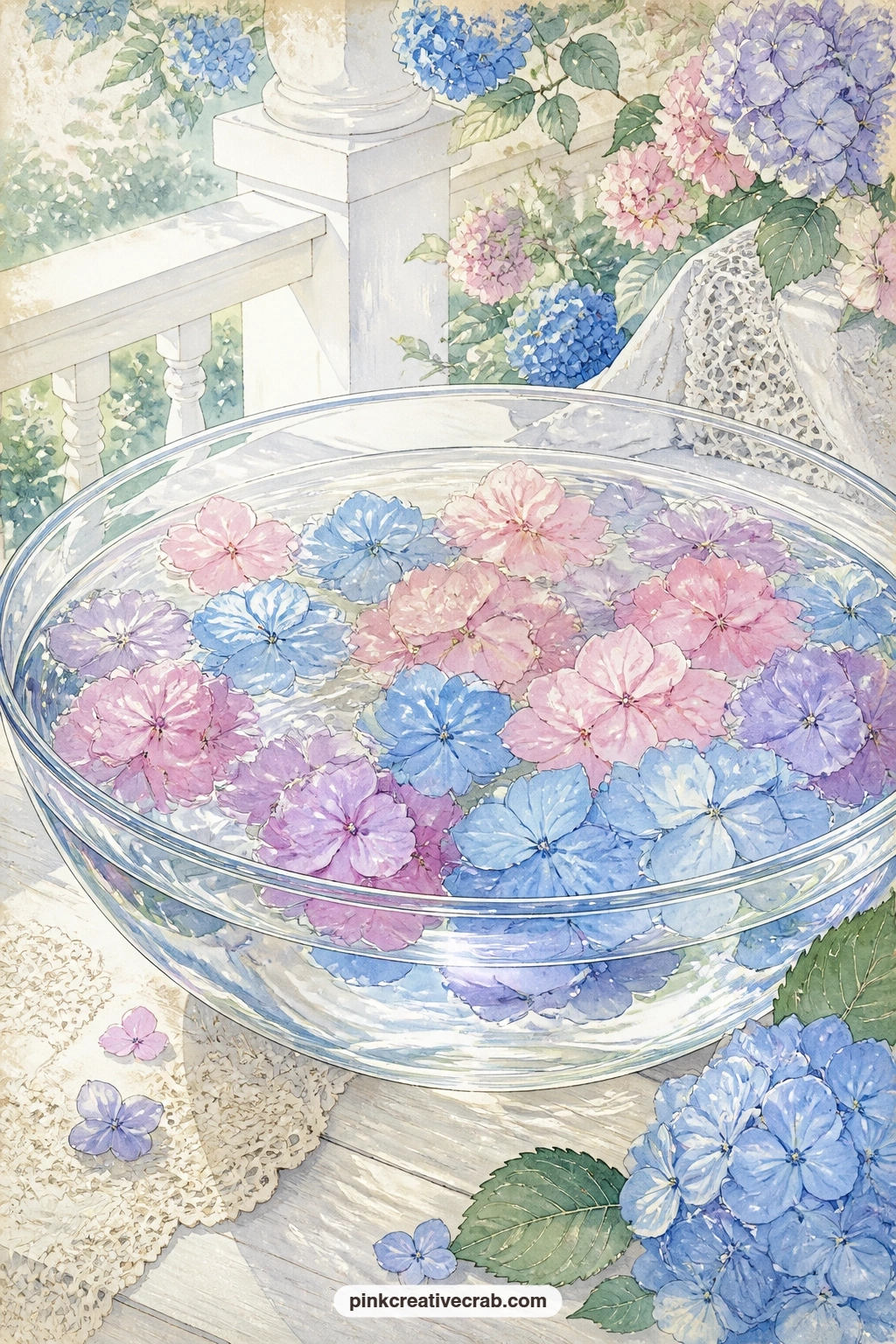 Floating Florets In A Glass Bowl printable page — A glass bowl of floating hydrangea florets sits on a sunny porch table, light catching the water and the