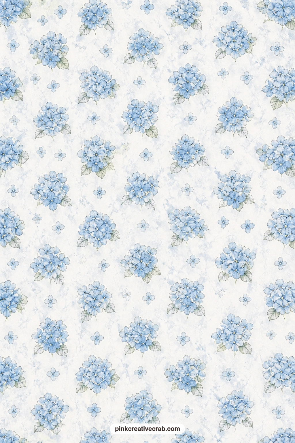Blue Florets On White Pattern printable page — Small blue hydrangea florets scatter evenly across a clean white ground, light enough to sit under a photo