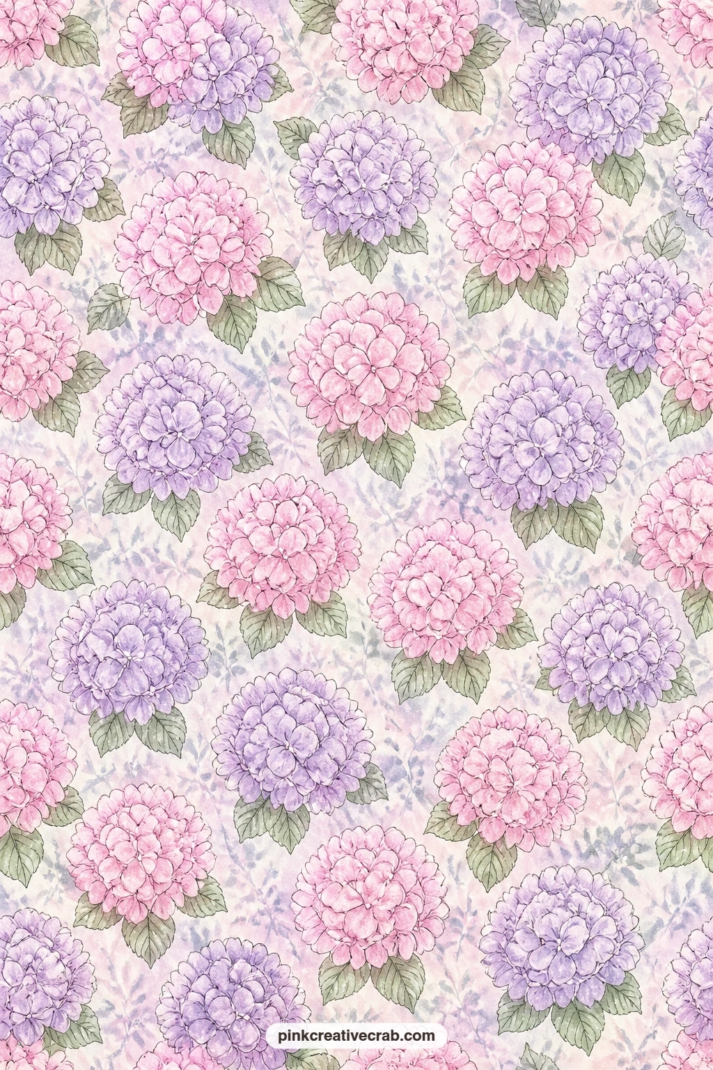 Pink And Lilac Clusters Pattern printable page — Clusters of pink and lilac hydrangea blooms repeat across the whole sheet in a soft, even rhythm. Hydrangea