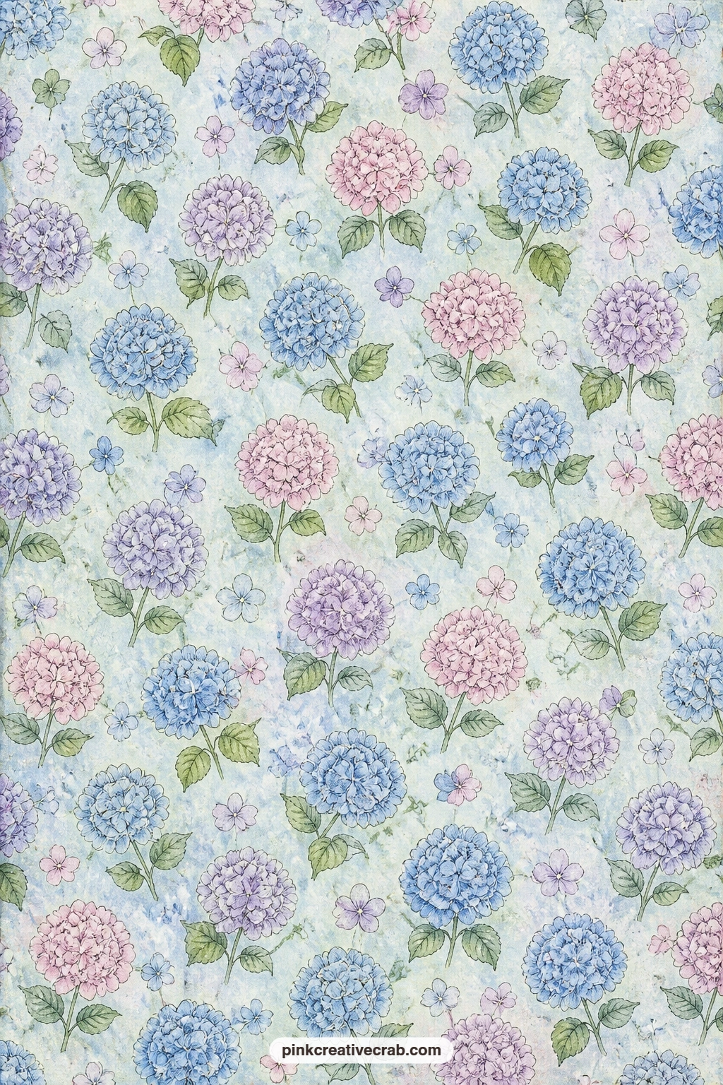 Leaves And Blooms On Pale Blue printable page — Hydrangea leaves and small blooms repeat gently across a pale blue ground, calm enough to sit behind