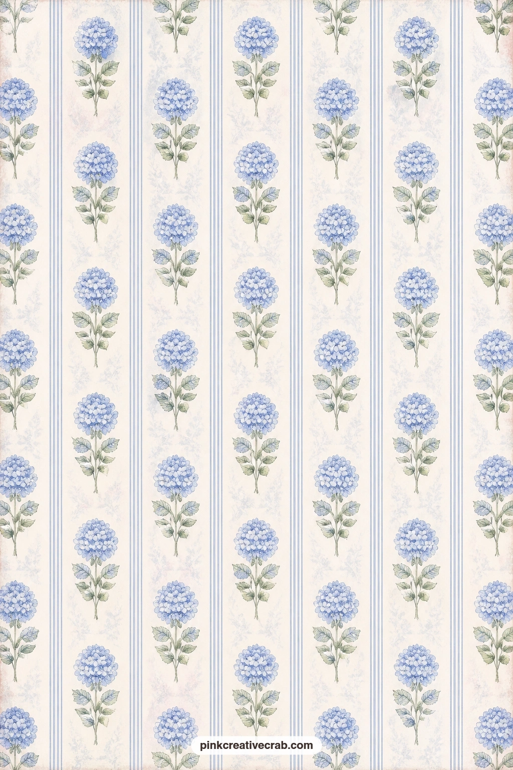 Blue Hydrangea And Ticking Pattern printable page — Blue hydrangea sprigs run between narrow striped ticking lines across the whole sheet, giving a cottage