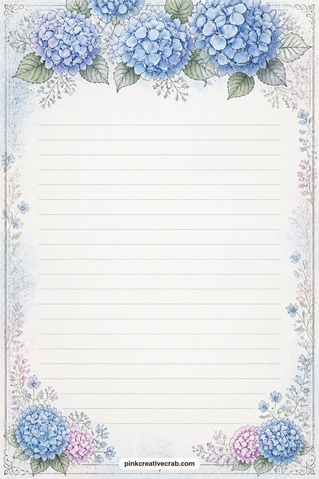 Blue Bloom Border Lined Page printable page — A band of blue hydrangea blooms runs along the top edge of this page, leaving the ruled lines below free for