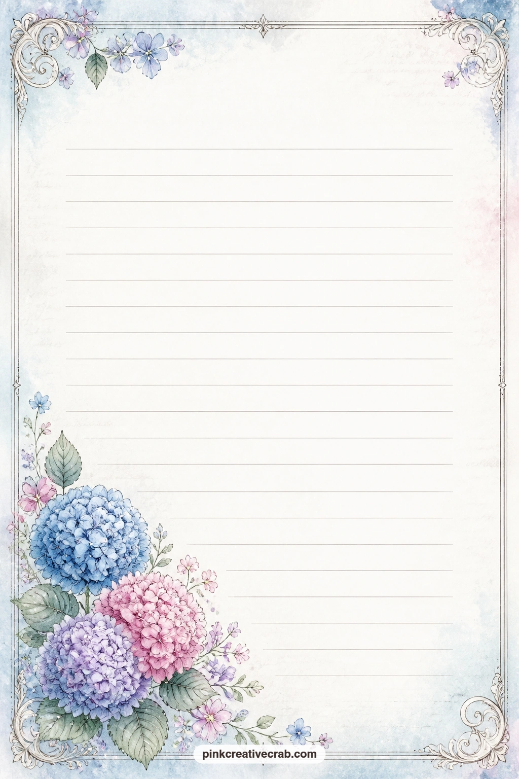Hydrangea Corner Cluster Lined Page printable page — A small cluster of hydrangea blooms sits tucked in one corner of this page, with faint ruled lines filling