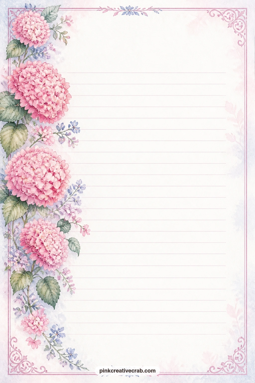 Pink Garland Lined Page printable page — A garland of pink hydrangea blooms drapes along one side of this page, with ruled lines sitting beside it for writing.