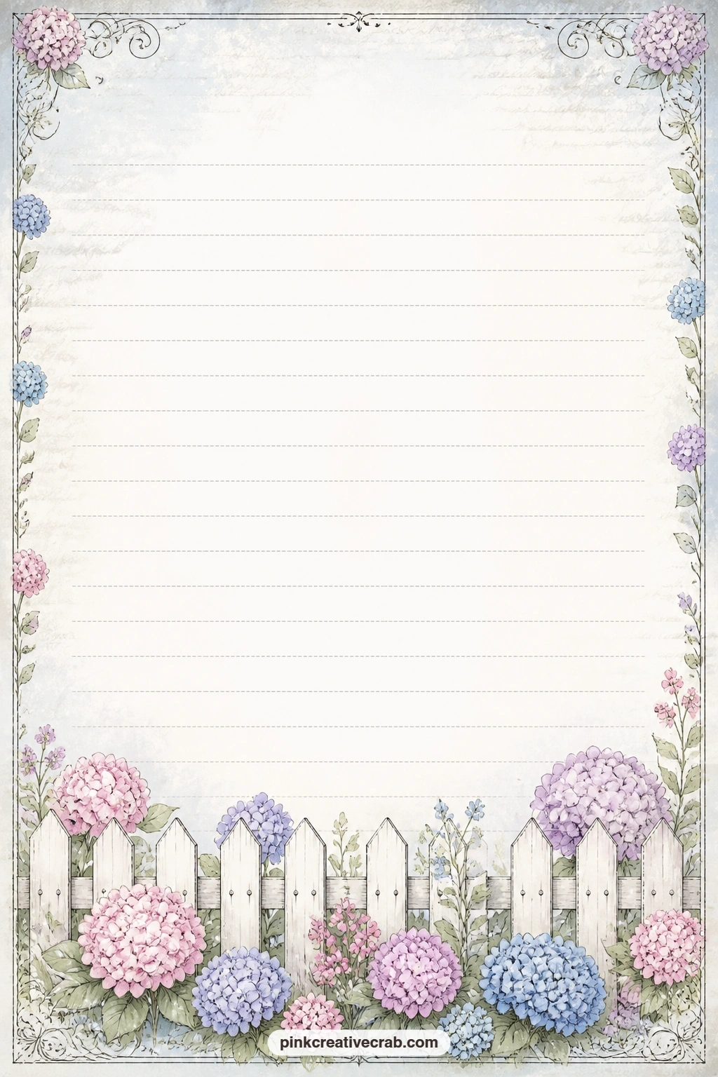 Picket Fence Lined Page printable page — A low white picket fence trimmed with hydrangea blooms runs along the bottom of this page, with ruled lines above it