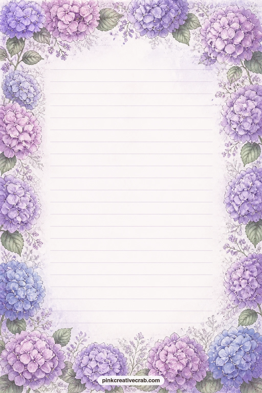 Lilac Frame Lined Page printable page — A full frame of lilac hydrangea blooms borders every edge of this page, with ruled lines kept inside for writing.